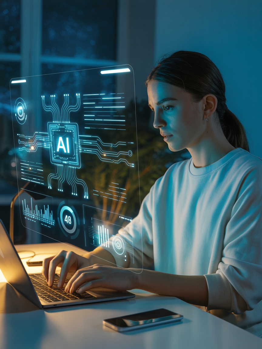 Young Woman Working on Laptop with Digital Holography of 'AI'