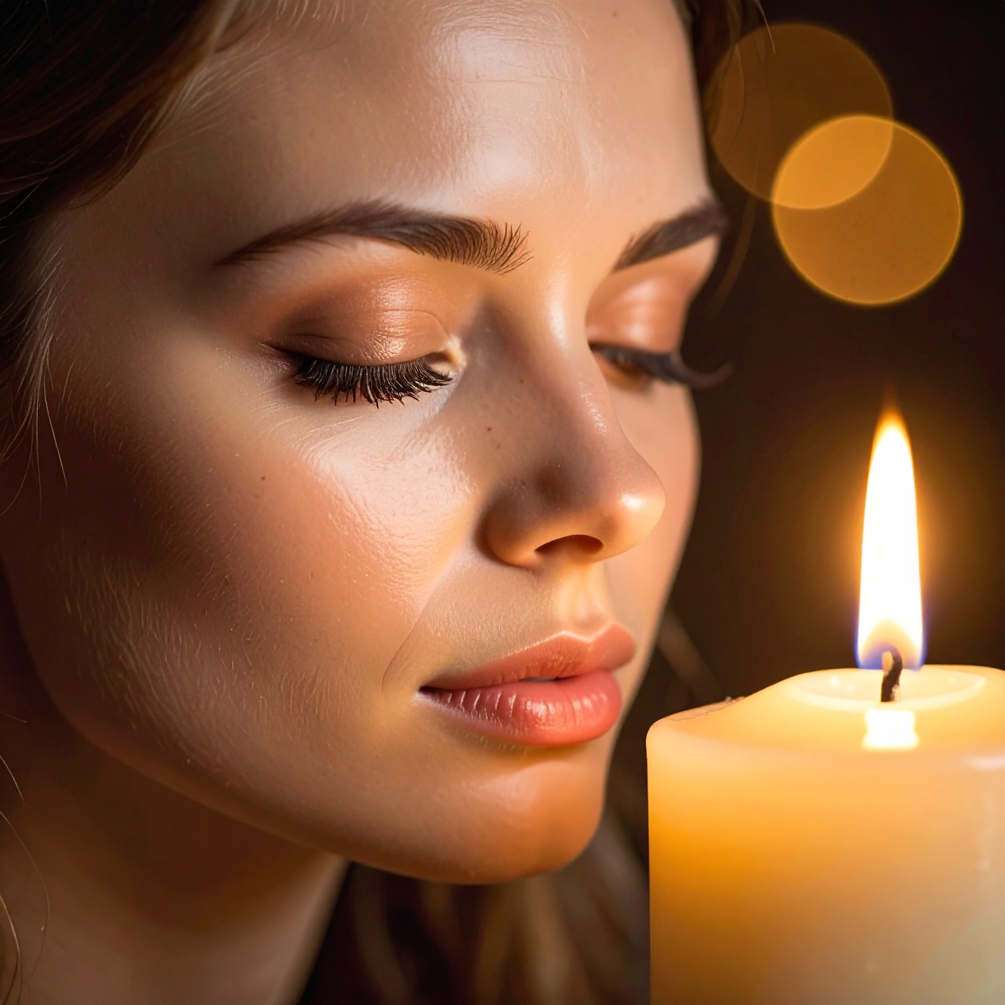Retrato de uma mulher em close-up iluminada pela luz suave de uma vela, destacando a textura da pele e os detalhes do rosto. A composição cria uma atmosfera íntima e contemplativa, com foco nítido nos olhos fechados e nos lábios. O fundo escuro realça a luminosidade da chama, adicionando um toque de serenidade ao ambiente.