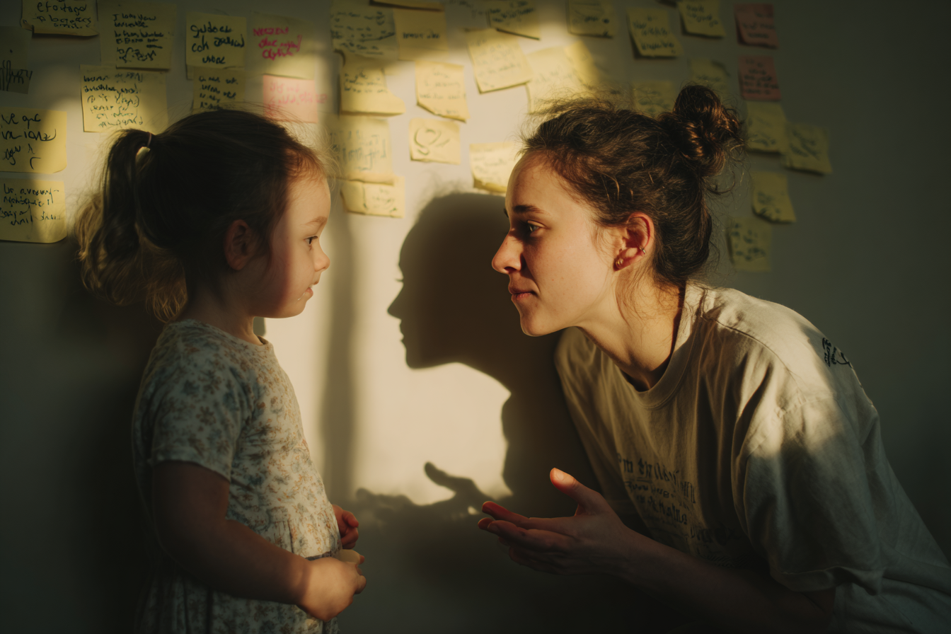 Uma criança e uma jovem mulher estão em um momento de interação íntima, com luz suave iluminando seus rostos. A parede ao fundo está coberta de post-its coloridos, refletindo um ambiente criativo ou de aprendizado. A expressão facial da mulher e a postura da criança sugerem uma conversa significativa, destacando a conexão entre gerações.