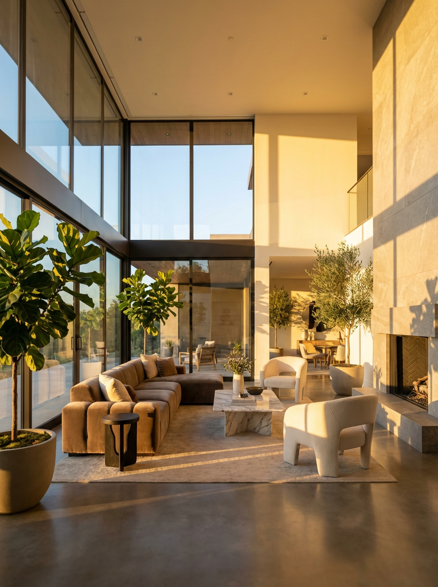 Spacious modern living room with large windows and elegant furniture