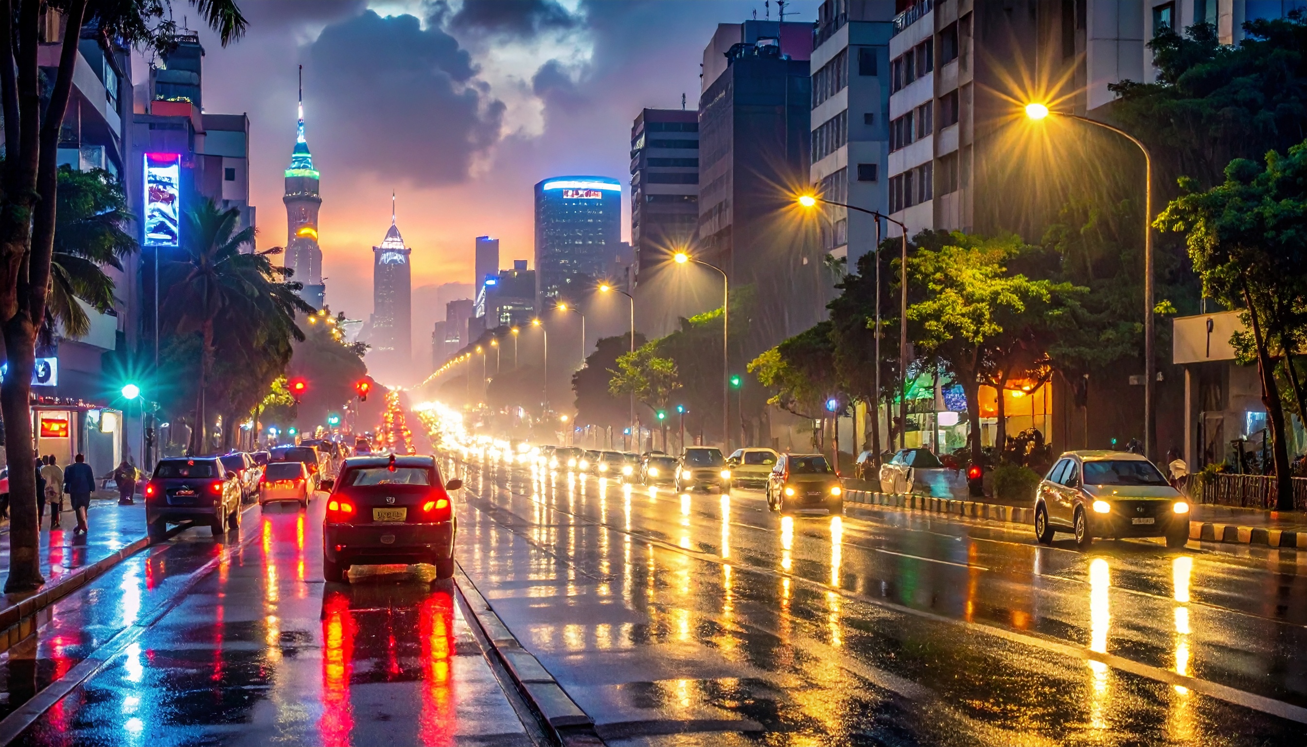 A vibrant city street glistens under the evening lights after a rain shower