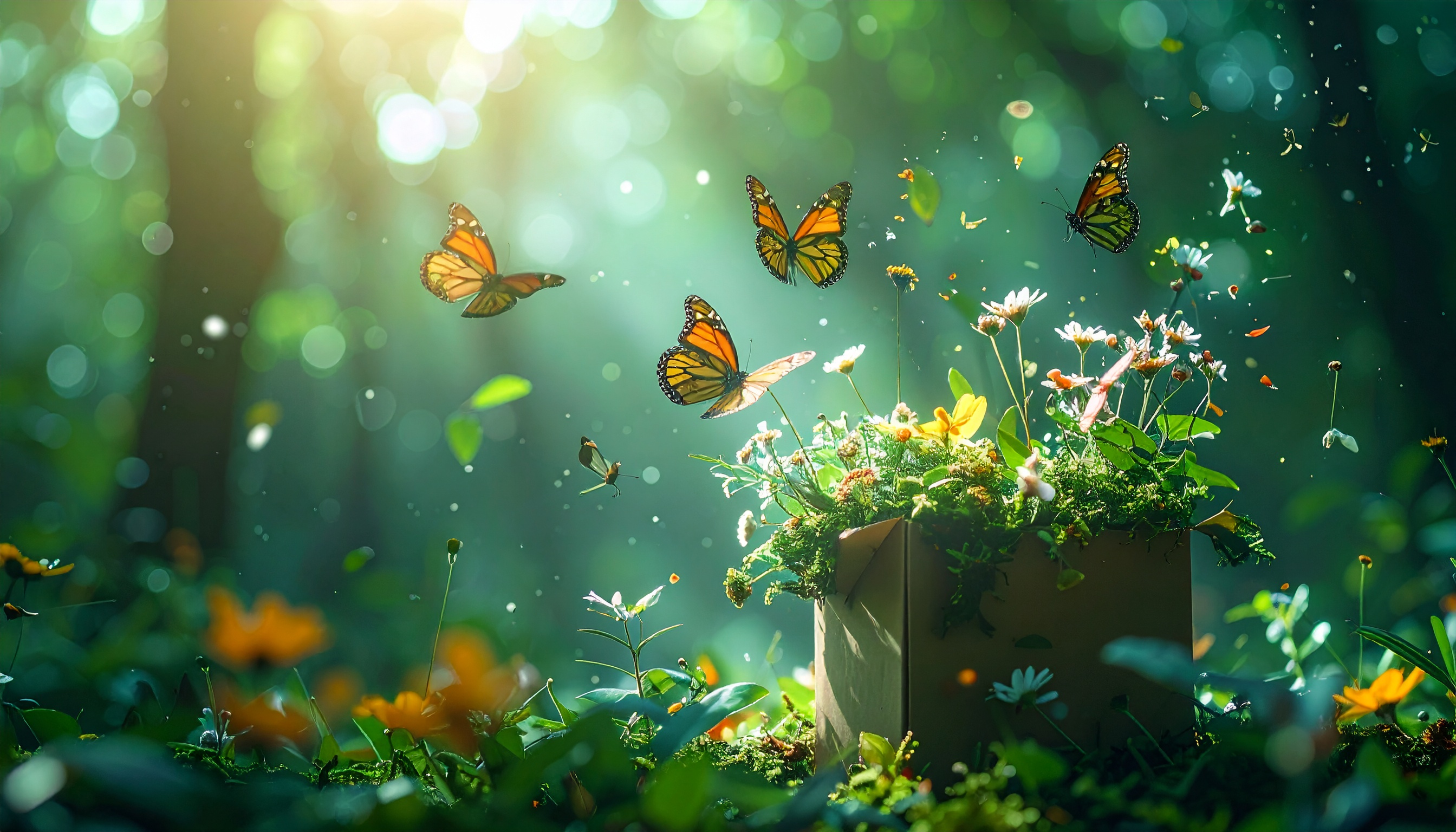 Borboletas monarcas voam sobre uma caixa de papelão cheia de flores coloridas em meio a um bosque iluminado pelo sol. Essa cena transmite uma sensação de liberdade e conexão com a natureza, ideal para criar um ambiente relaxante e inspirador em espaços internos ou ao ar livre. As borboletas alaranjadas e as flores multicoloridas contrastam de forma harmoniosa com o fundo verde difuso do bosque. Essa imagem é perfeita para decoração de ambientes que busquem transmitir tranquilidade e beleza natural, como salas de estar ou escritórios. A combinação de cores e luz natural adiciona uma qualidade vibrante e serena à cena.