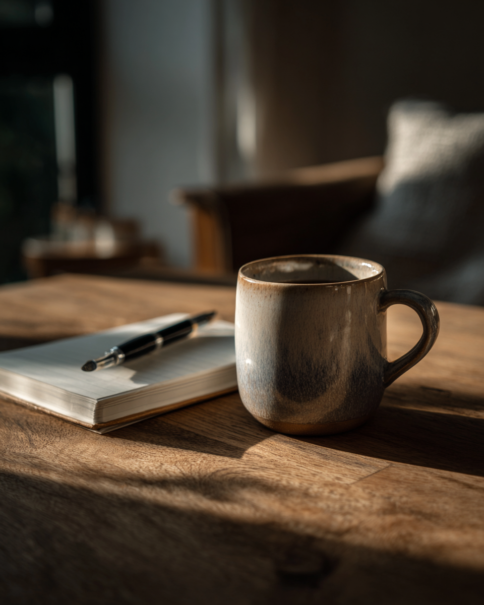 A imagem apresenta uma cena aconchegante com uma caneca de cerâmica em primeiro plano sobre uma mesa de madeira. A caneca exibe uma paleta de cores que varia entre tons de azul e marrom, refletindo a luz suave que entra pela janela. Ao lado, um bloco de anotações e uma caneta estão dispostos de forma organizada, criando uma composição equilibrada. As sombras projetadas pela luz criam um ambiente acolhedor.
