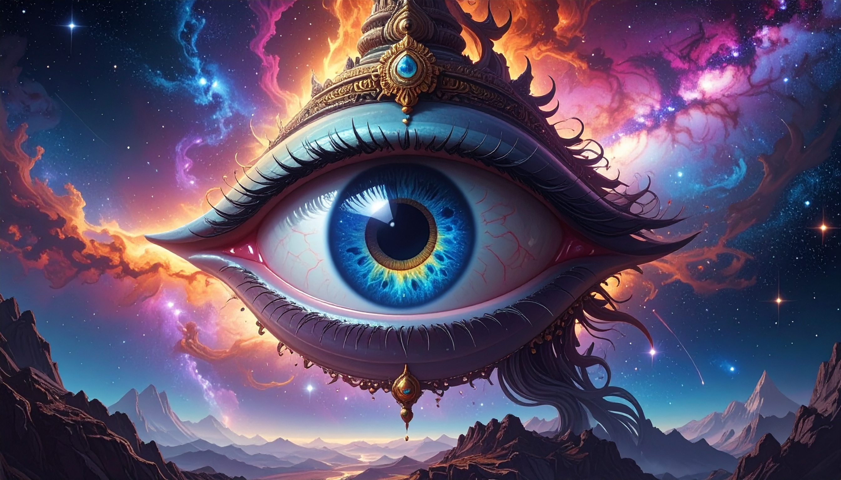 A mystical eye adorned with intricate jewelry floats in a cosmic scene