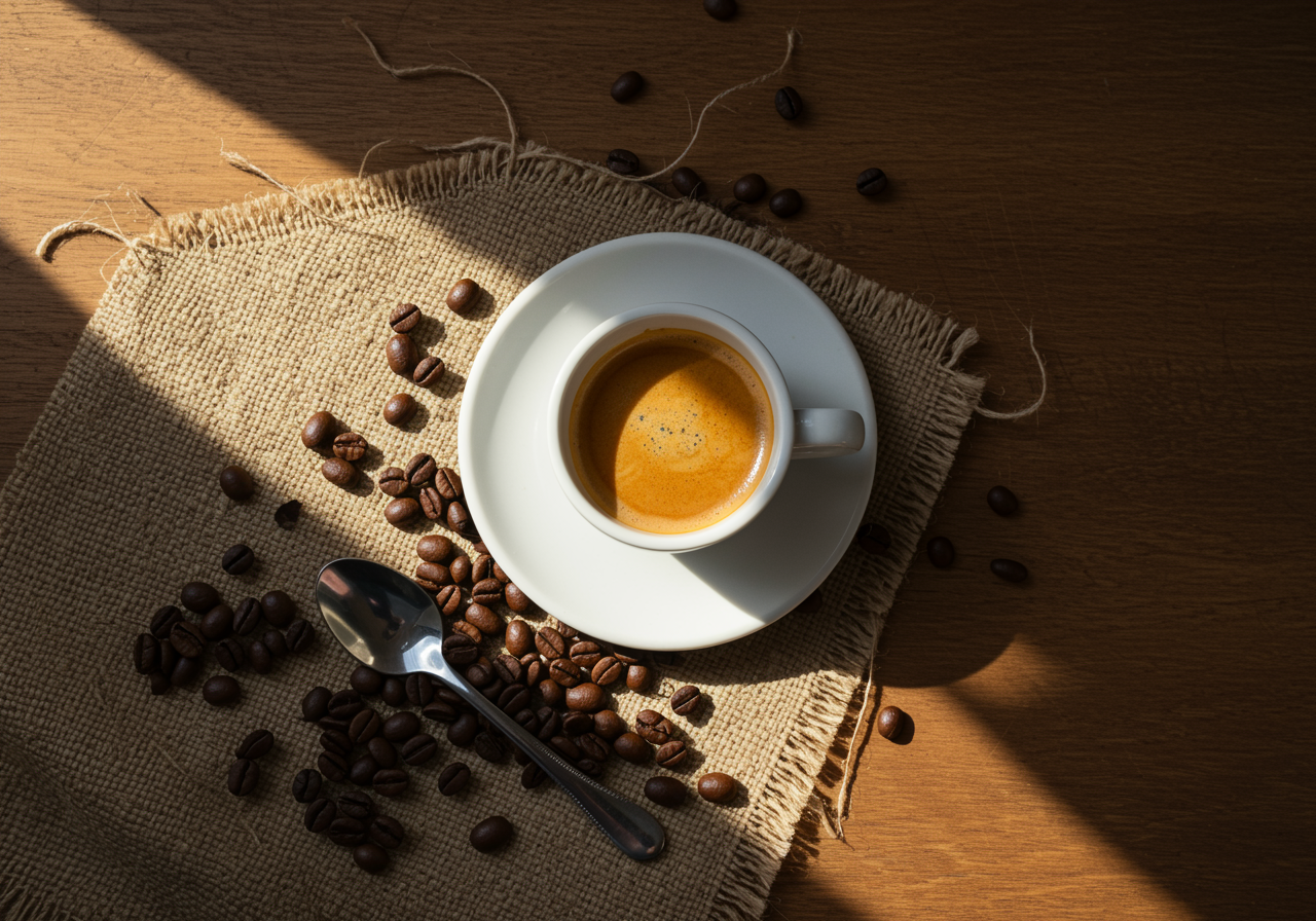 A freshly brewed cup of espresso sits elegantly on a white saucer