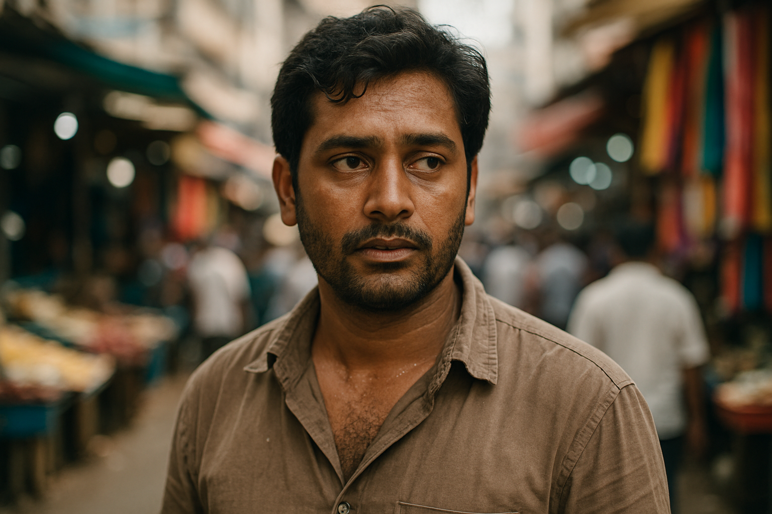 A man stands in a bustling market, surrounded by colorful stalls