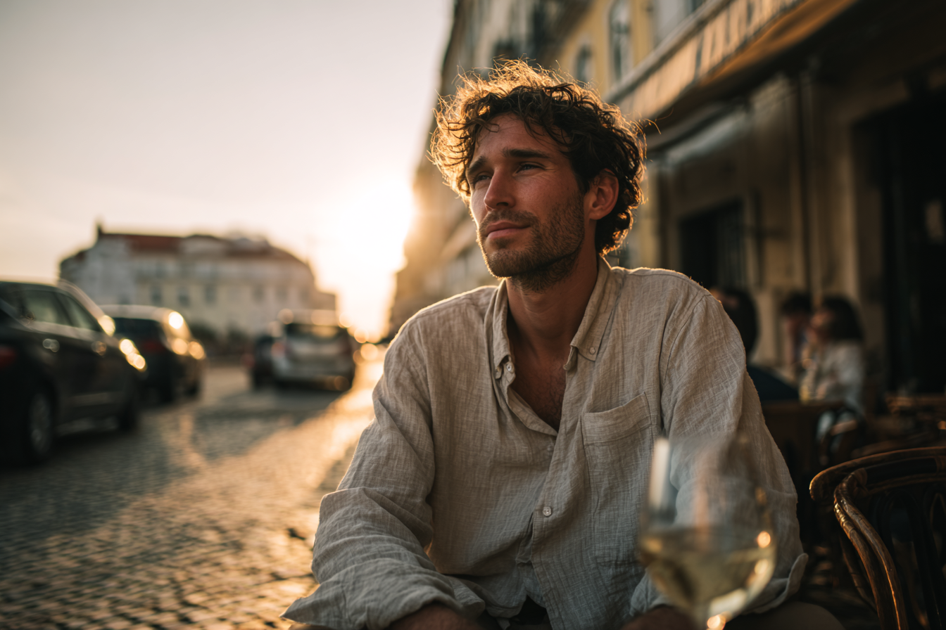 Um homem pensativo sentado em uma calçada de paralelepípedos enquanto o sol se põe ao fundo, em uma rua animada de Lisboa. Ele usa uma camisa de linho clara e tem um copo de vinho branco à sua frente, capturando a vibração relaxante de um final de tarde na cidade.
