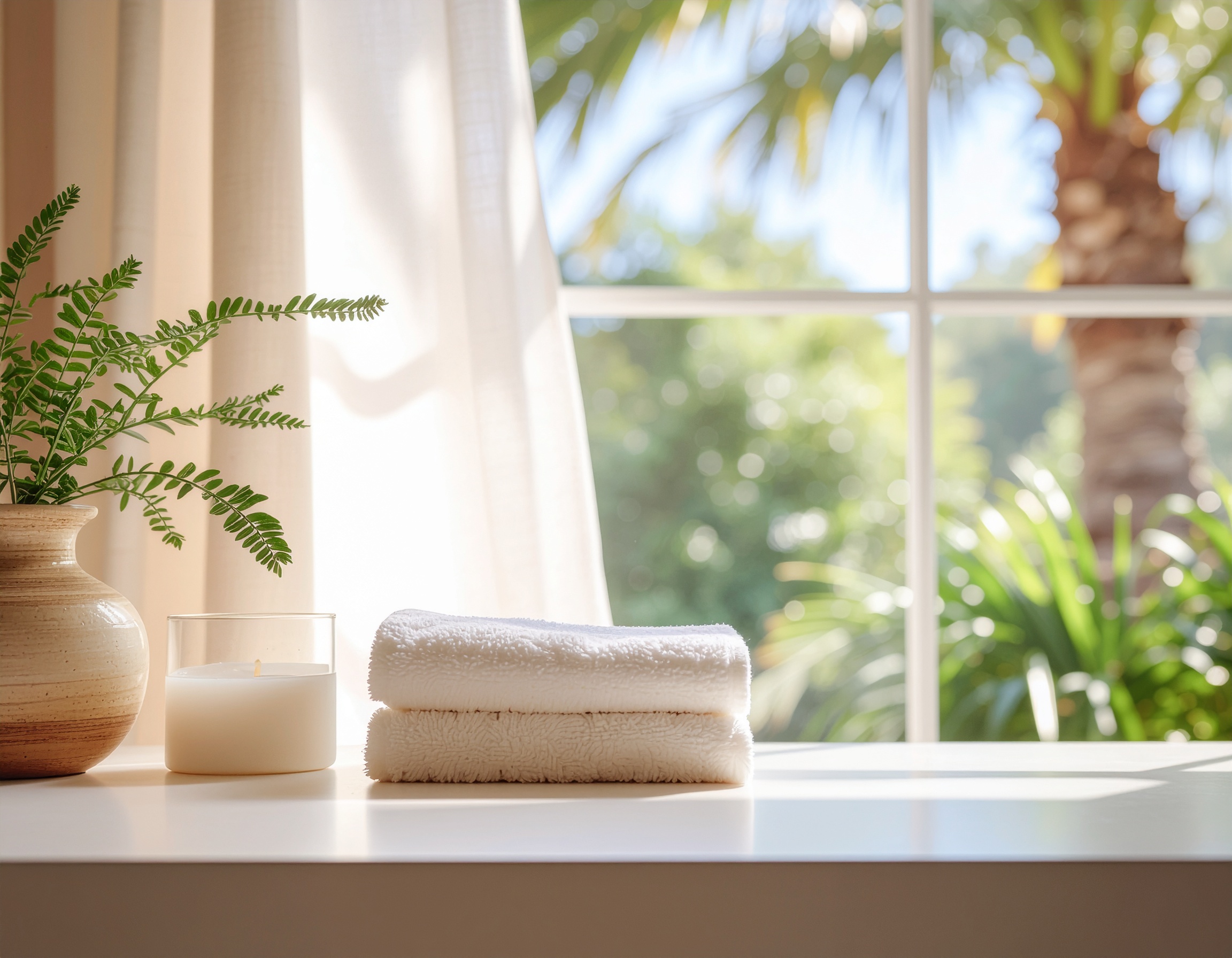 Serene Indoor Scene with White Towels and Green Foliage