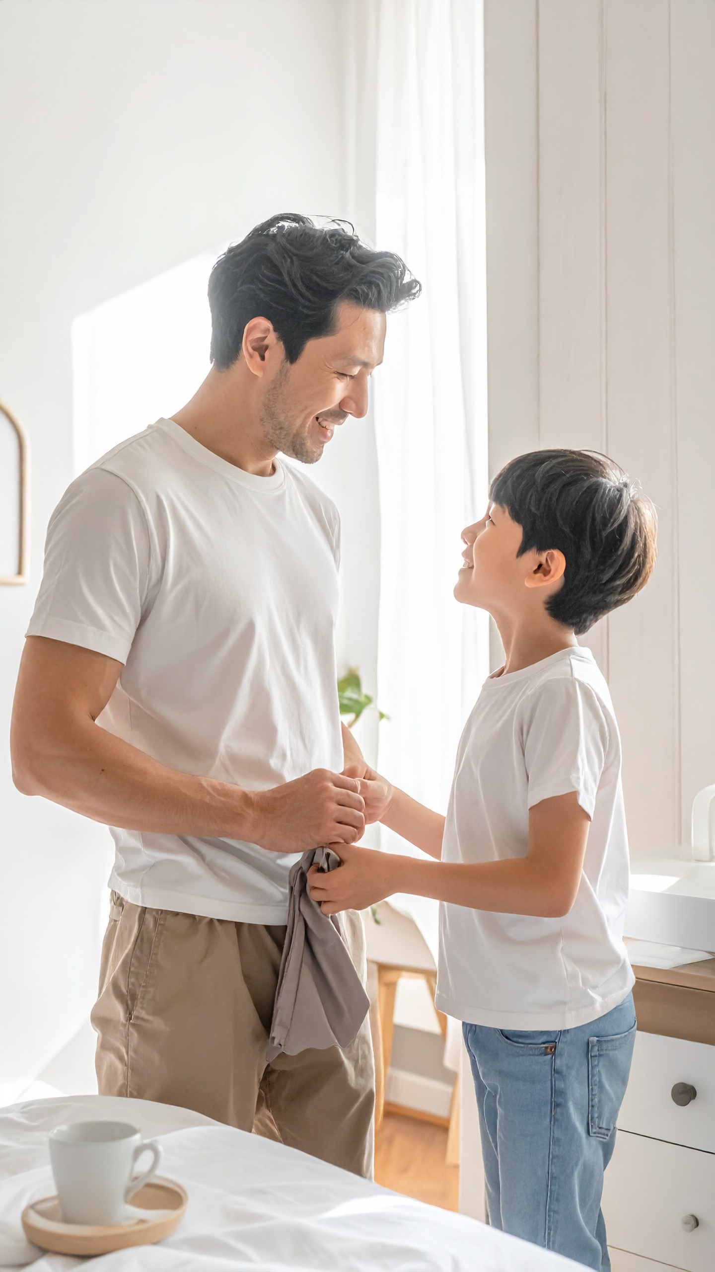 A father and son stand in a sunlit room, sharing a joyful moment