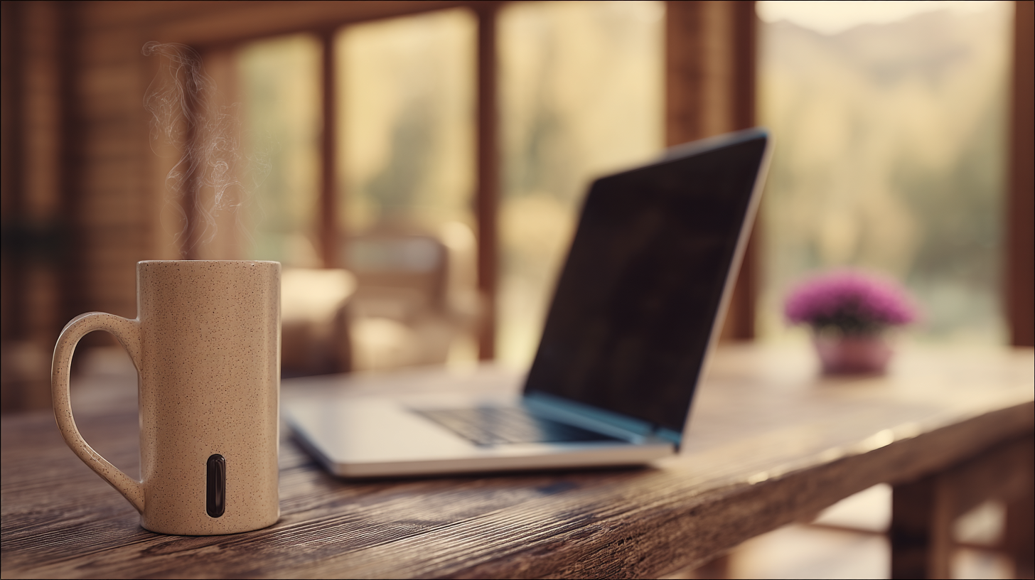 Cena aconchegante de interior com uma caneca de cerâmica fumegante em uma mesa de madeira, acompanhada por um laptop aberto e um vaso de flores ao fundo. A iluminação suave e natural cria uma atmosfera serena e acolhedora, com foco seletivo destacando a caneca, enquanto o fundo desfocado adiciona profundidade à composição.