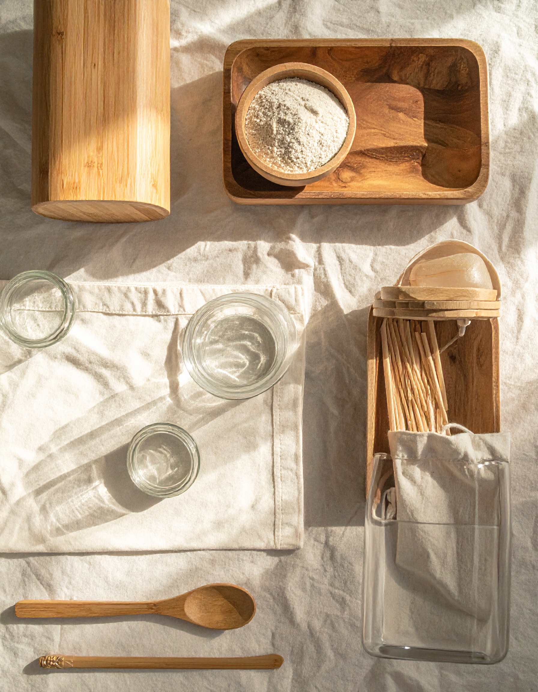 Natural wooden kitchenware set on a soft cloth backdrop
