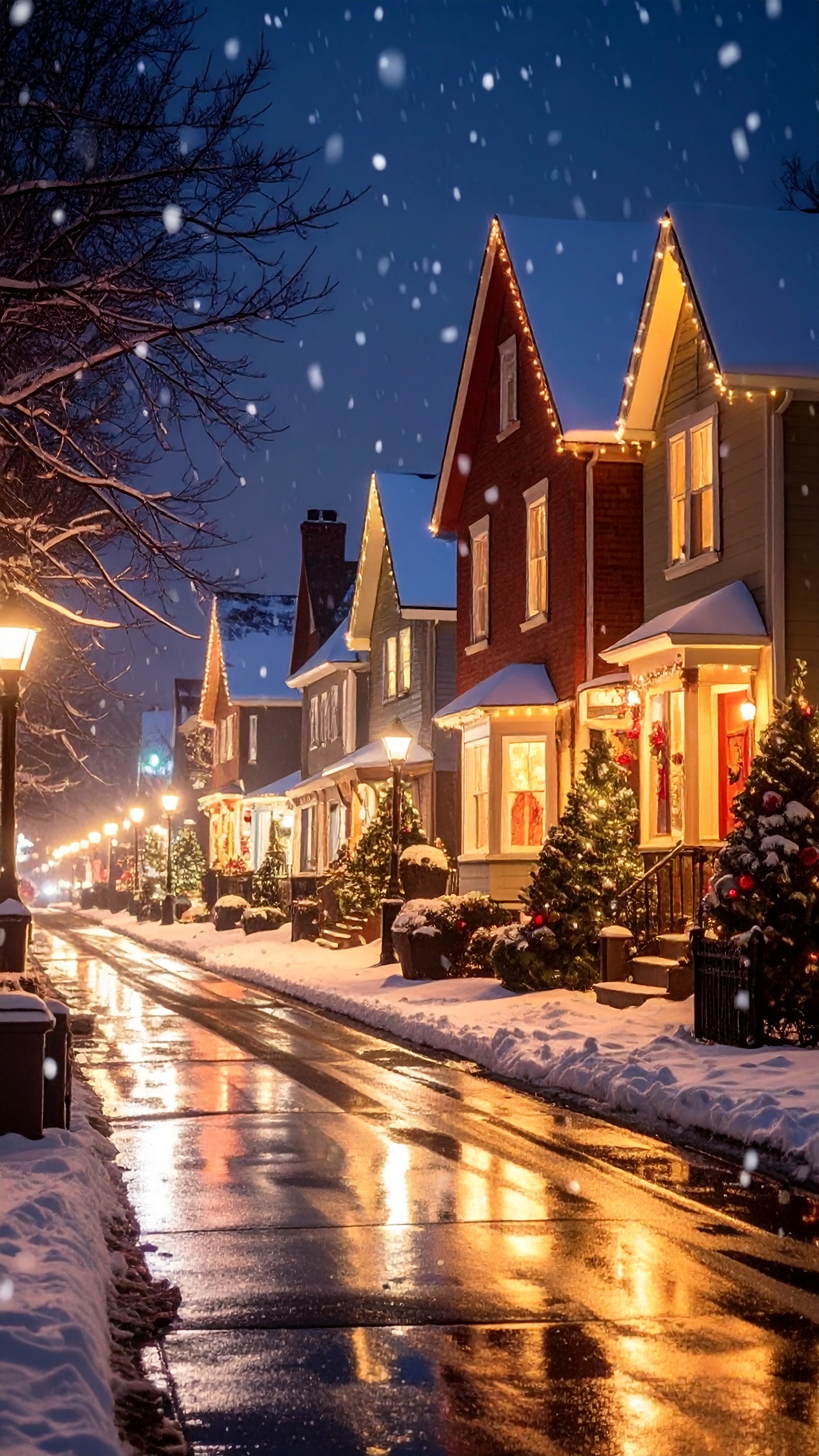 Snow-Covered Tree-Lined Street at Night