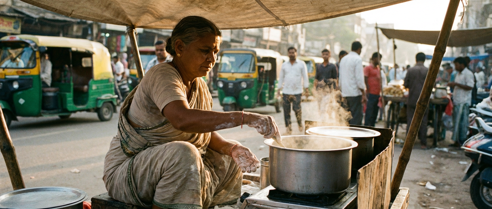 A woman cooks at a street food stall in a bustling market