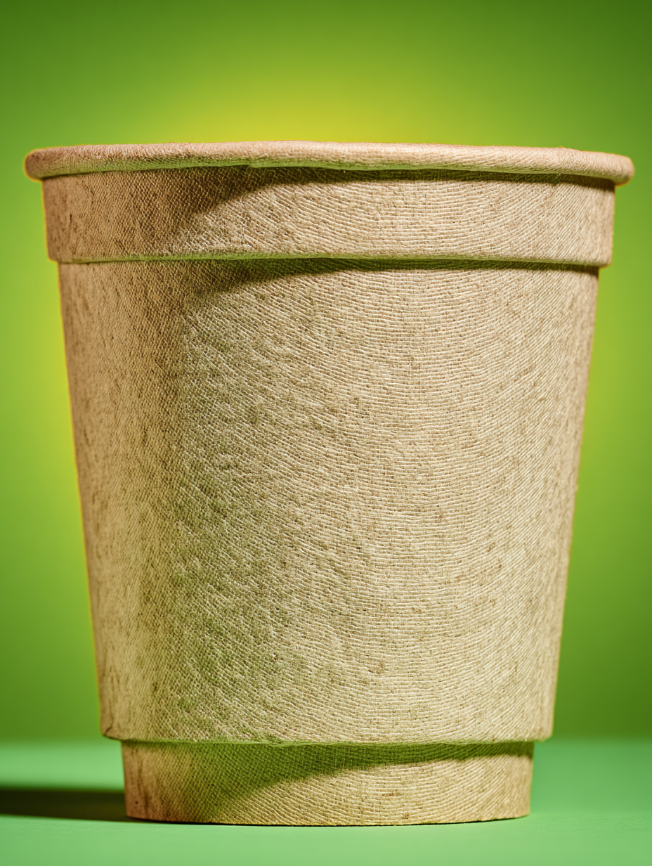 Copo biodegradável de papel em close-up sobre fundo verde luminoso, destacando textura fibrosa e detalhes do material. Iluminação suave e homogênea, criando um contraste vibrante com o fundo, e composição minimalista centrada com foco nítido.