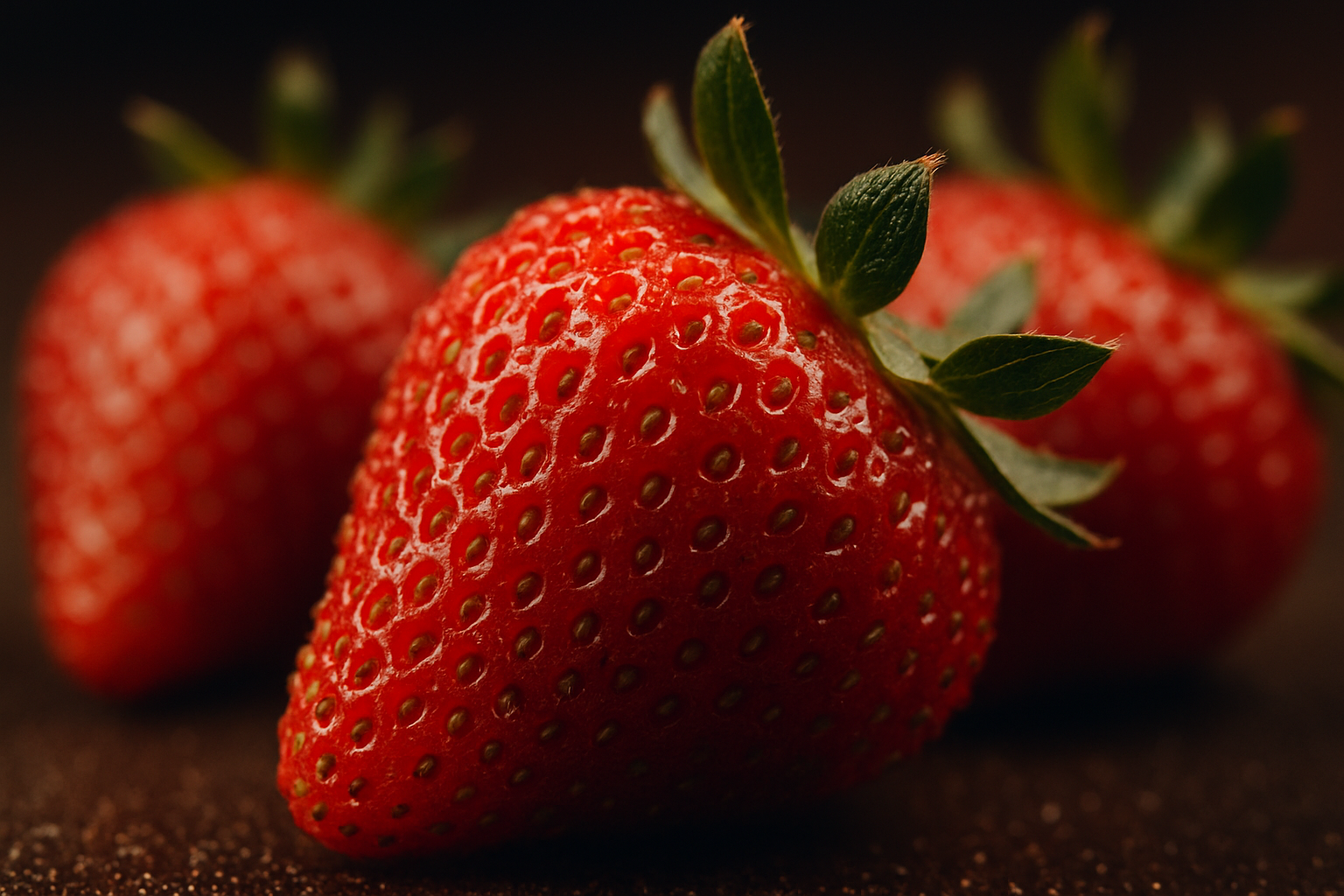 Vibrant red strawberries sit against a dark background