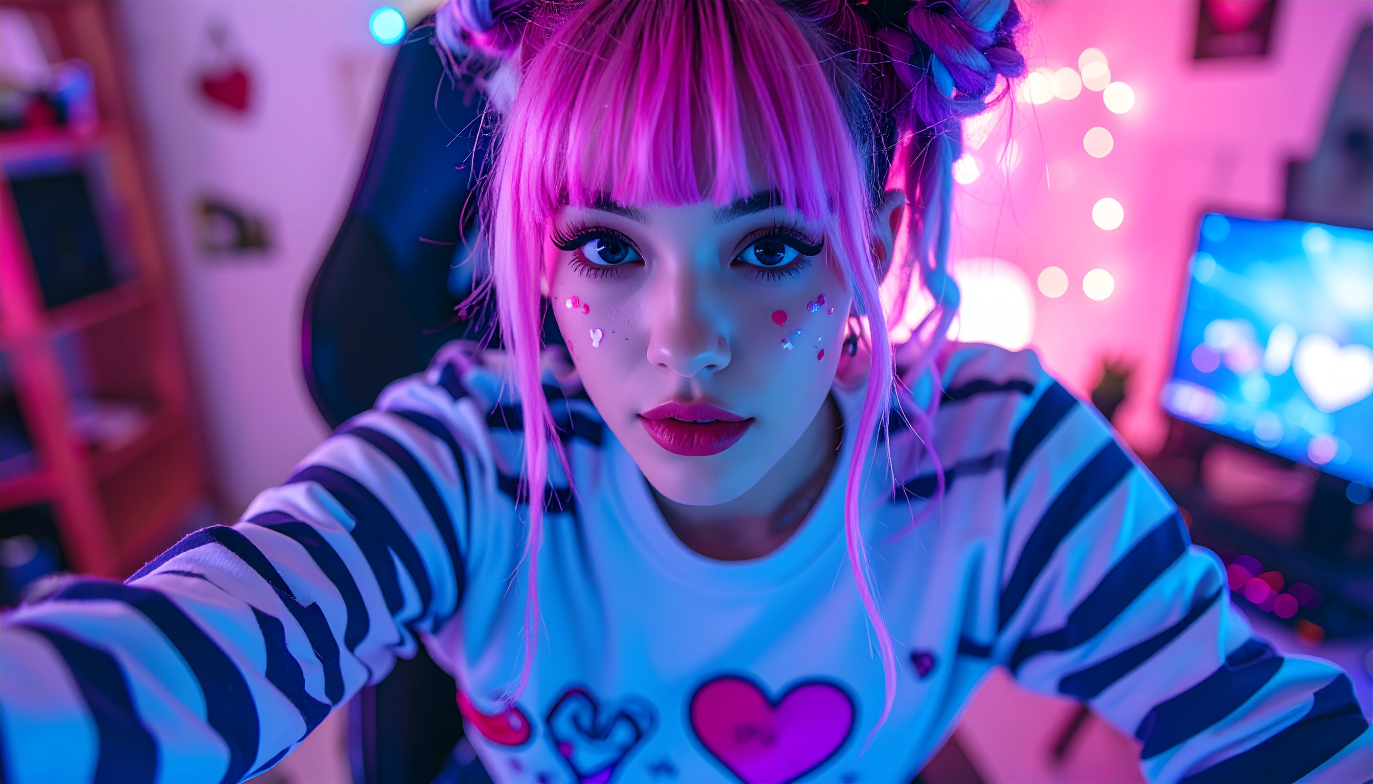 A young woman with vibrant pink hair is in a room illuminated by colorful LED lights