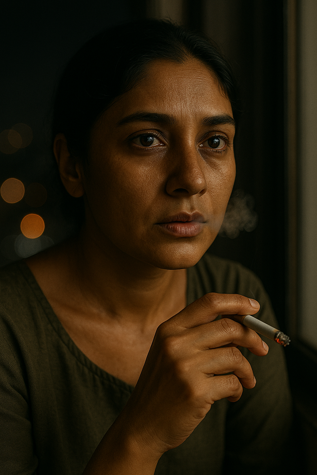 A woman looks contemplative while holding a cigarette indoors