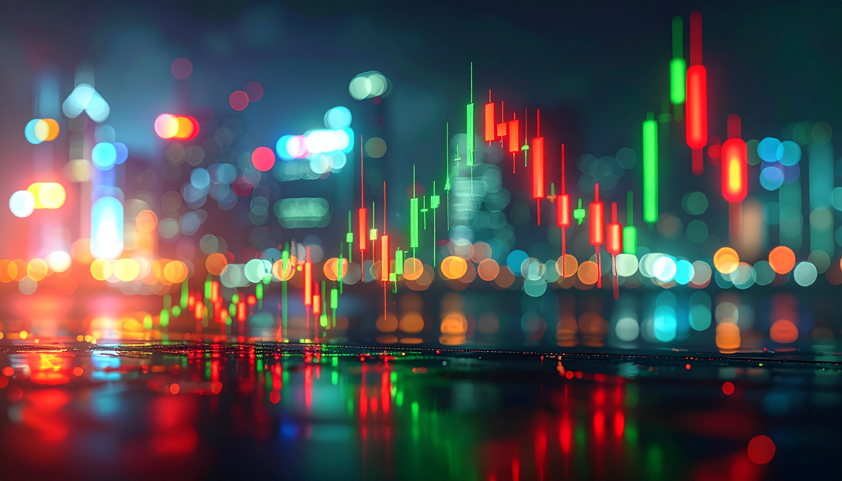 Colorful Financial Chart with Candlesticks Over Urban Night Background