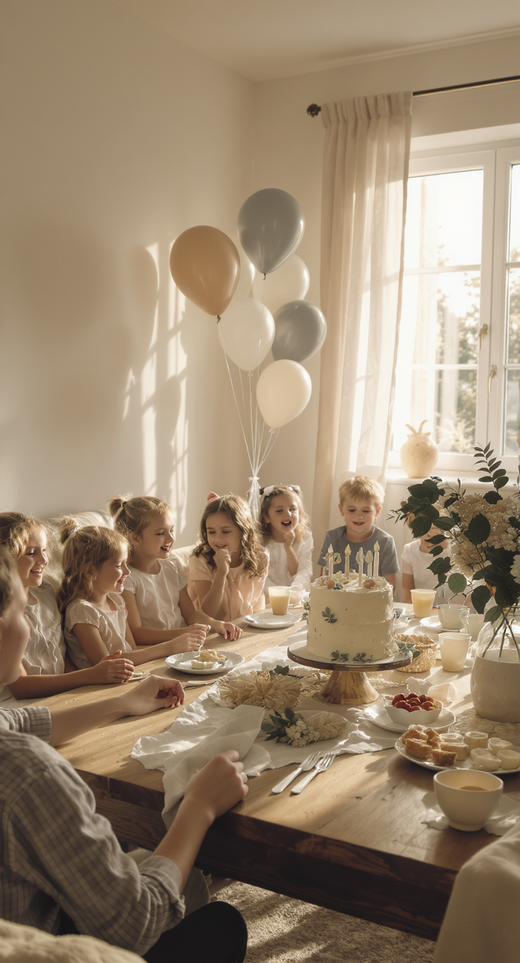 Children gather joyfully around a birthday cake in a sunlit room
