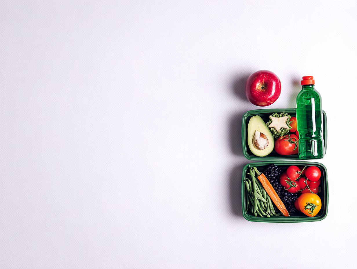 Imagem com arranjo minimalista de alimentos saudáveis, incluindo maçã vermelha, abacate, tomates, vagem, amoras e garrafa de água, dispostos em recipientes verdes sobre fundo branco, com composição simétrica e iluminação suave.