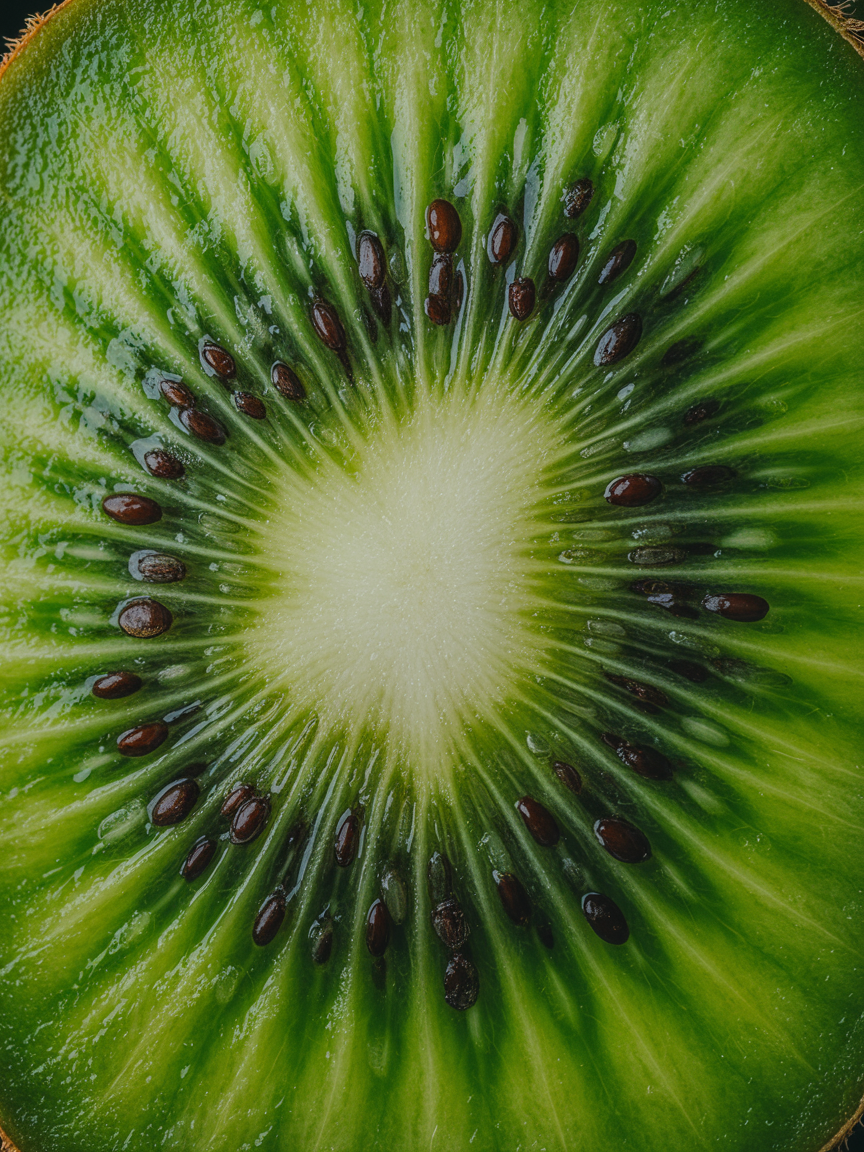 Close-up de uma fatia de kiwi com cores vibrantes e textura suculenta. Ideal para atrair consumidores em campanhas de marketing alimentar e saudável. As sementes pretas contrastam com o verde brilhante da fruta, criando um visual atraente. Perfeito para uso em material promocional de produtos naturais em supermercados e lojas de alimentos saudáveis. A imagem transmite frescor e qualidade, destacando-se em contextos de alimentação saudável.