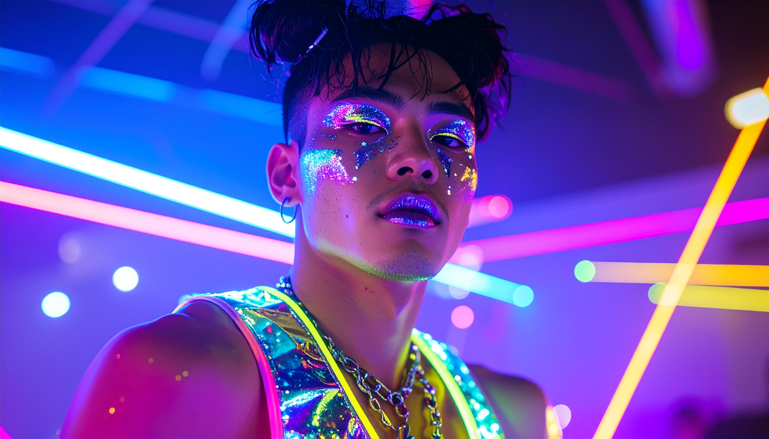 A person adorned in vibrant neon makeup stands under colorful LED lights