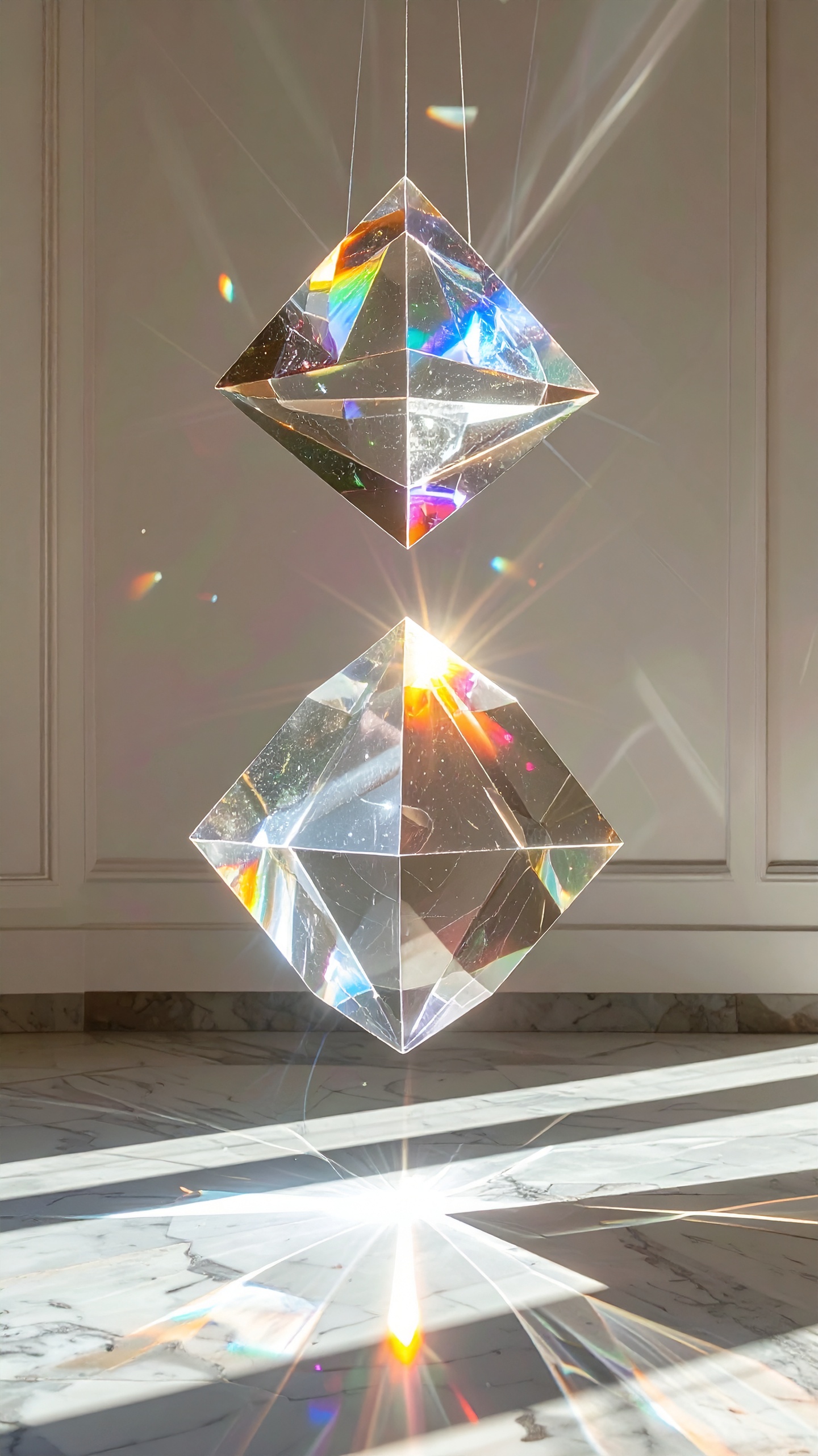 Two crystal prisms hang suspended, casting vibrant rainbows on a marble floor