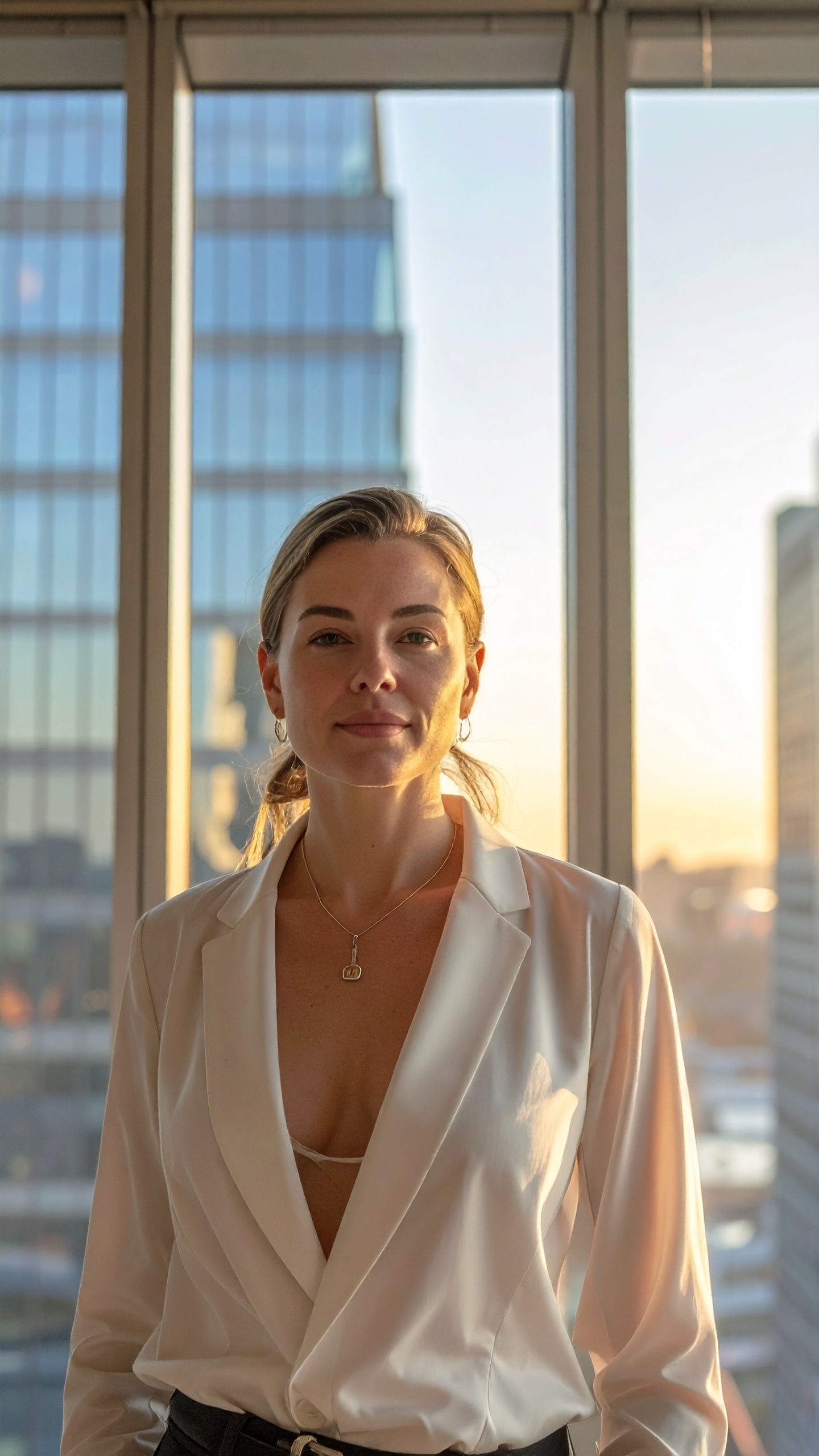 Woman in Elegant White Shirt by Large Windows
