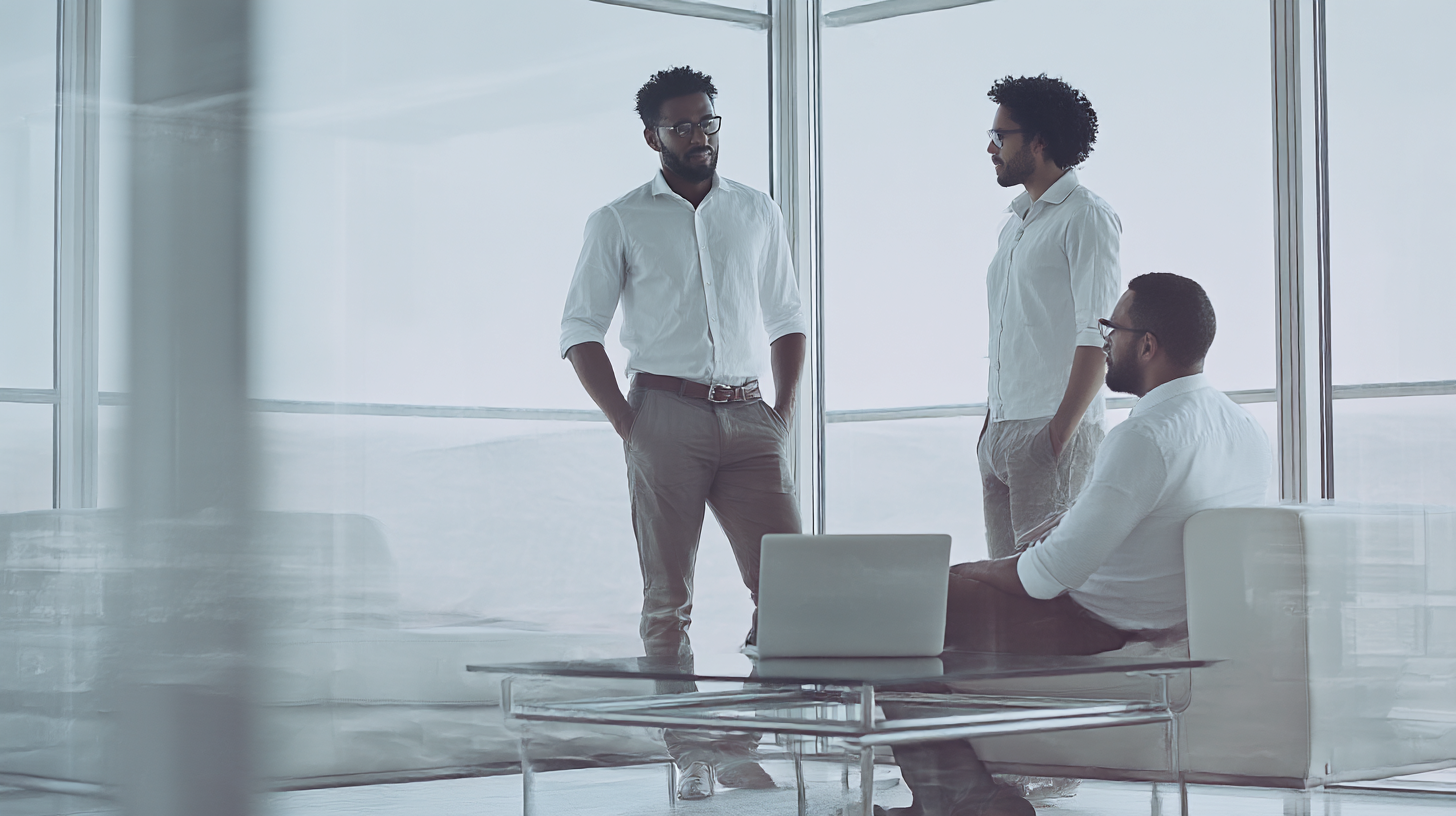 Cena de escritório moderno com três homens conversando, vestindo roupas sociais. A luz natural inunda o ambiente através de grandes janelas, criando uma atmosfera profissional e contemporânea. A sala é minimalista com tons neutros e móveis elegantes, incluindo uma mesa de vidro com um laptop. O ângulo é ligeiramente superior, foco nítido em detalhes do vestuário e expressão dos sujeitos.