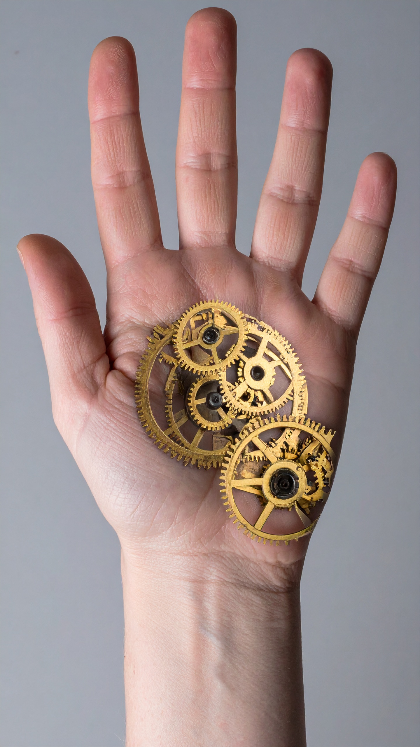 A human hand holds intricate golden gears, showcasing their mechanical beauty