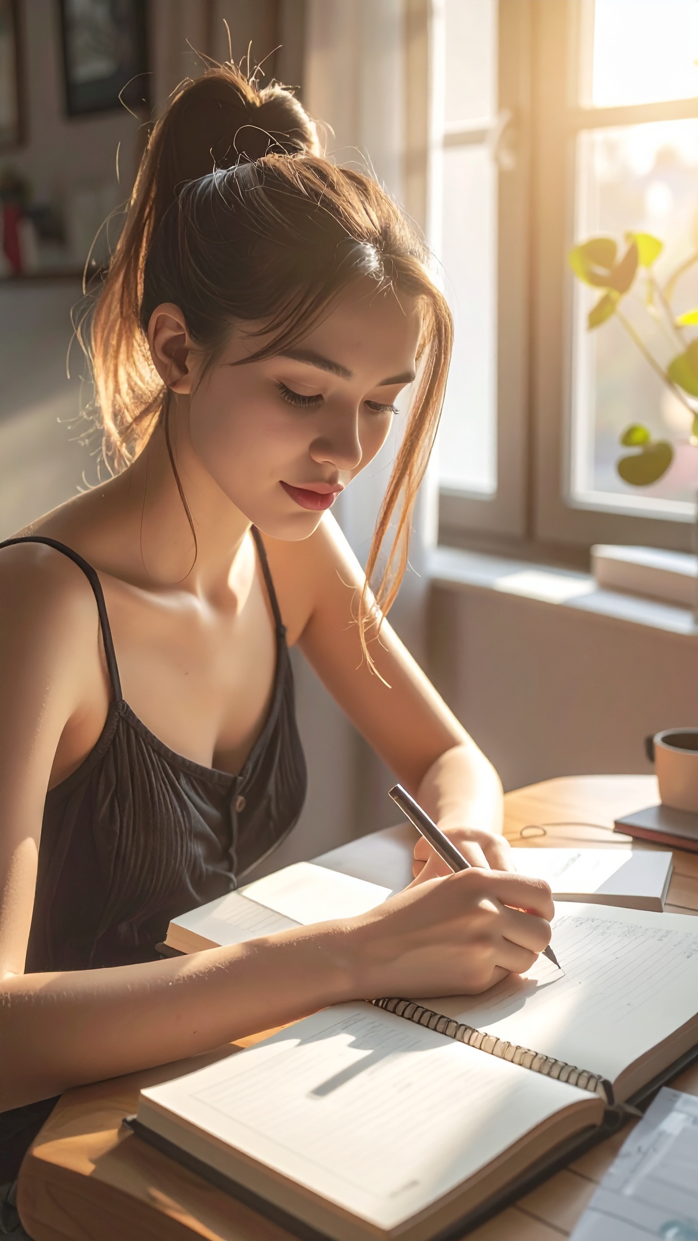 A young woman is focused on writing in a notebook at a sunlit table