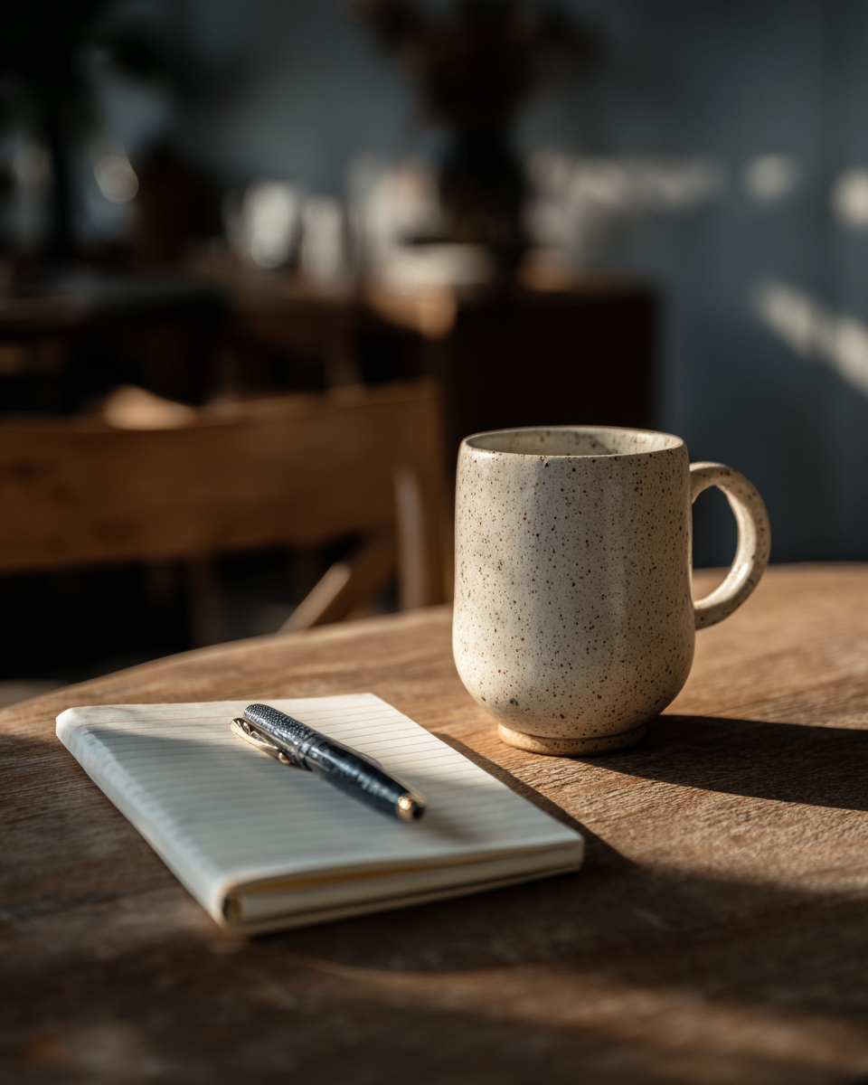 A imagem apresenta uma cena tranquila de um ambiente de trabalho ou café, com uma caneca de cerâmica clara e texturizada ao lado de um bloco de notas aberto e uma caneta. A luz natural entra, criando sombras suaves e destacando as texturas dos objetos.