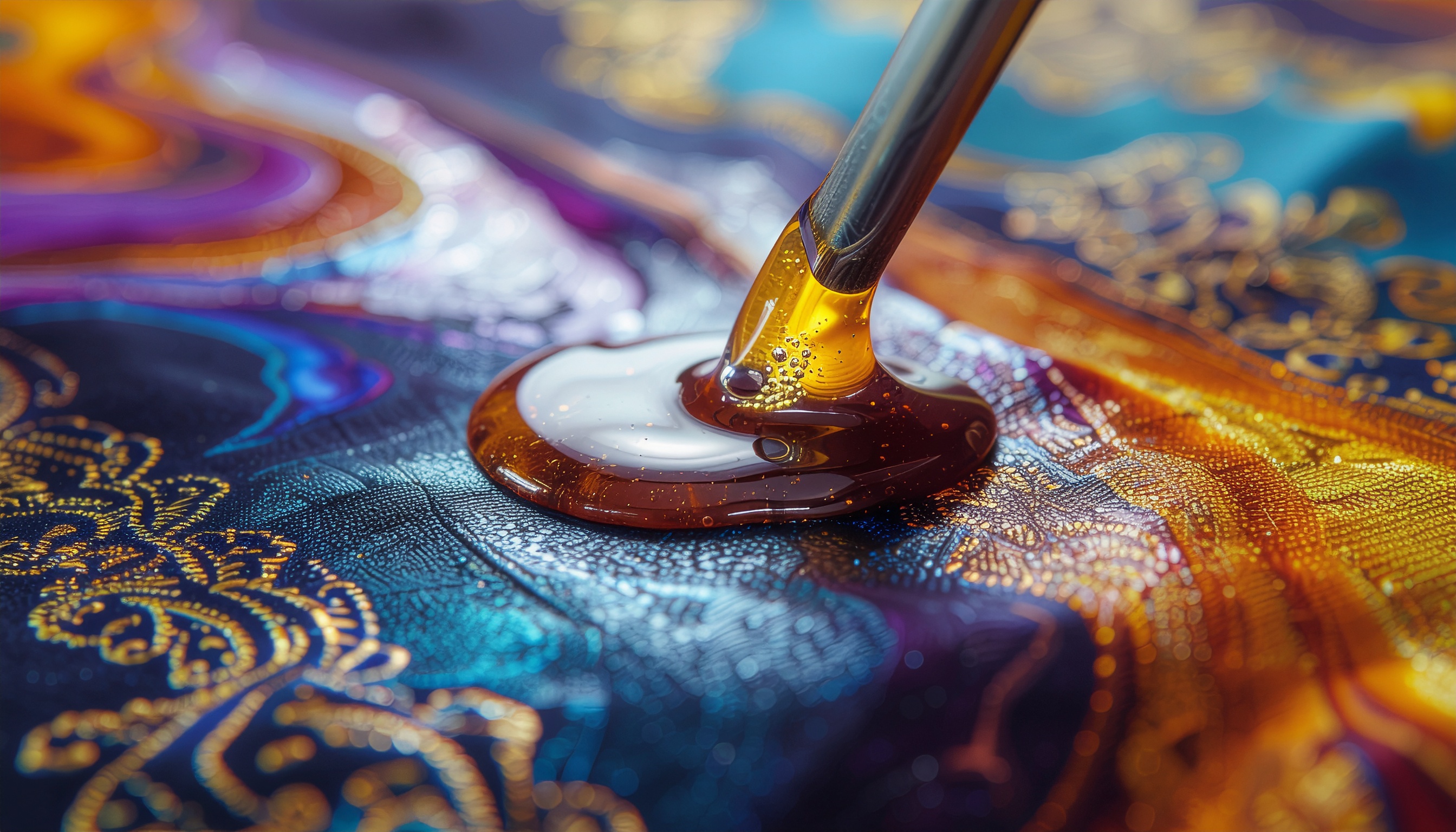 A viscous golden liquid spreads over a vibrant, intricately patterned fabric