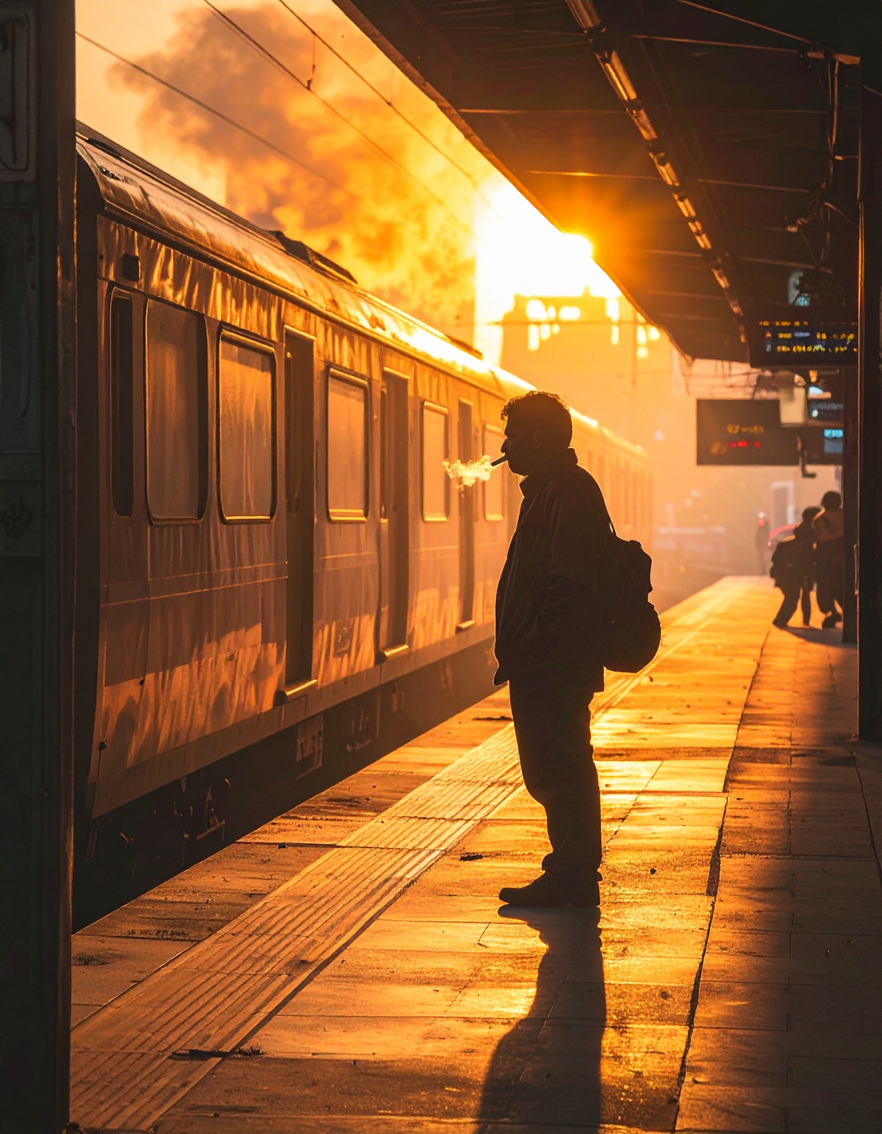 A silhouette of a person stands on a train platform during a striking sunset