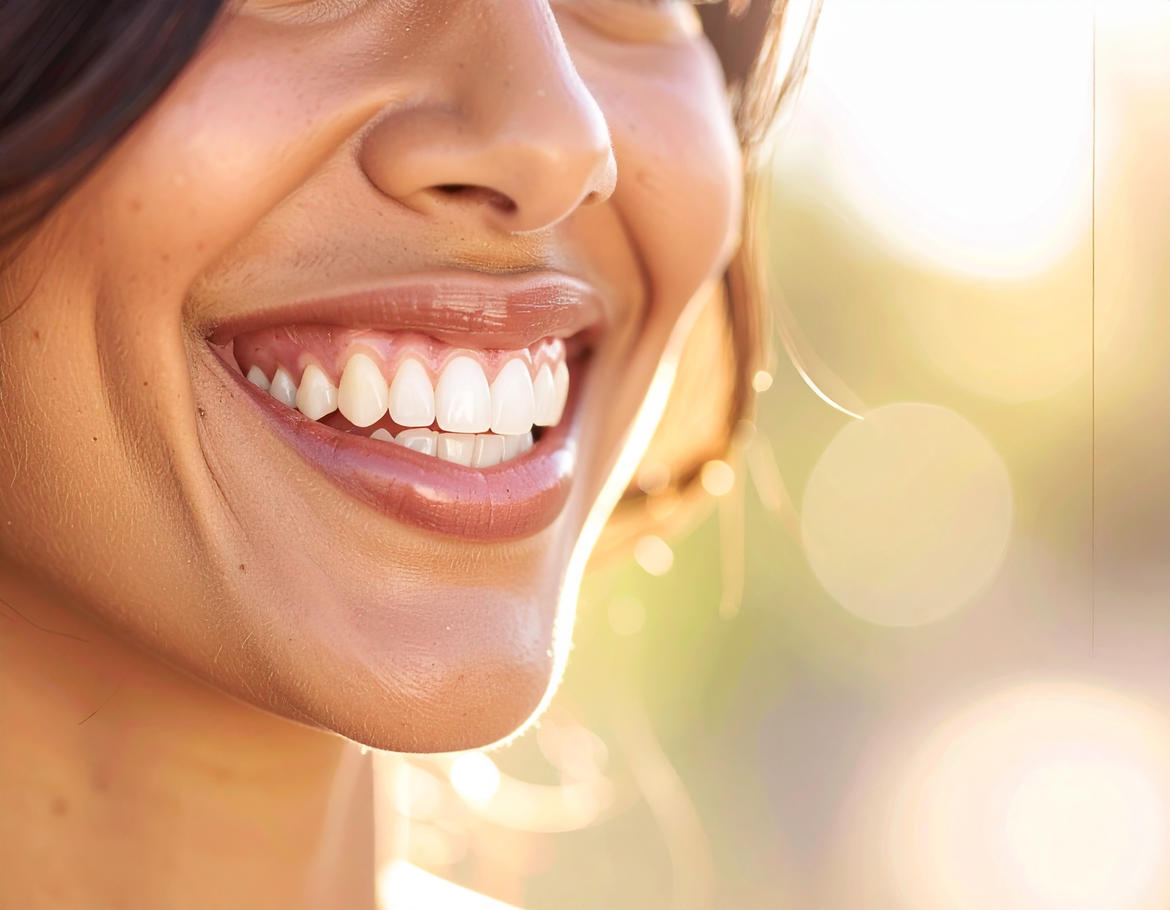 A close-up of a person's smile with perfect white teeth captured in natural sunlight