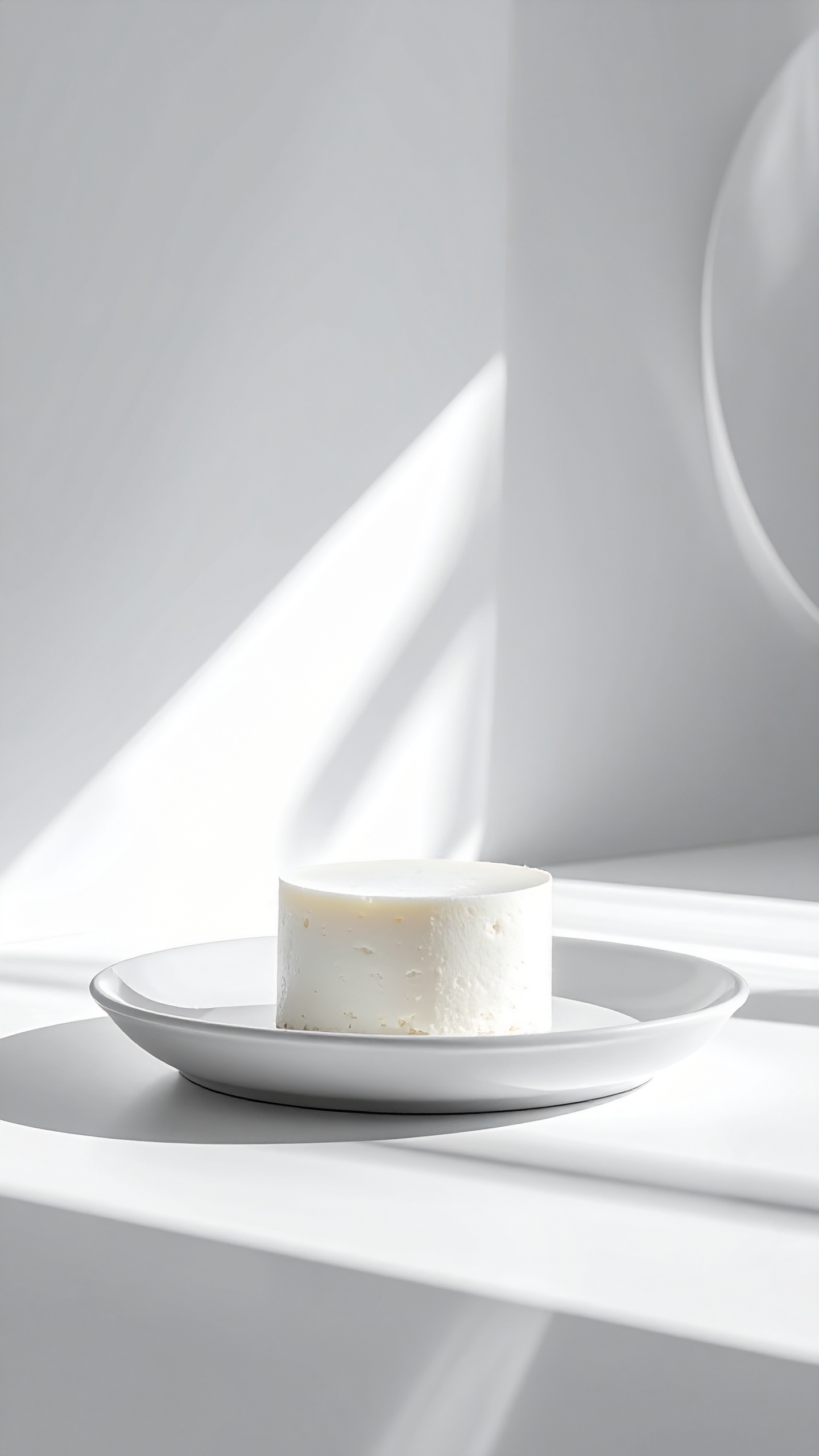 A round block of artisanal cheese sits elegantly on a white plate in a minimalist setting
