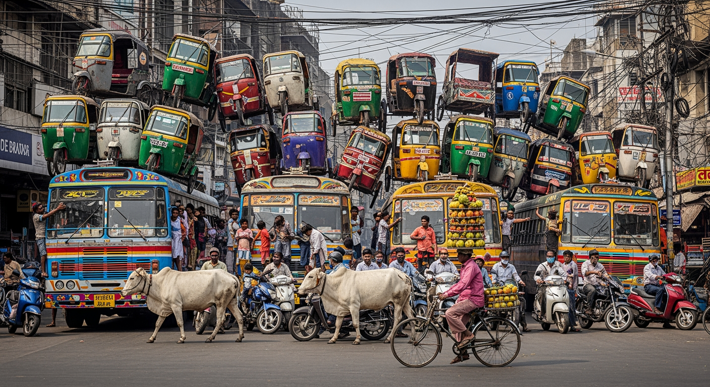 A bustling urban street scene captures a lively mix of buses, rickshaws, and pedestrians