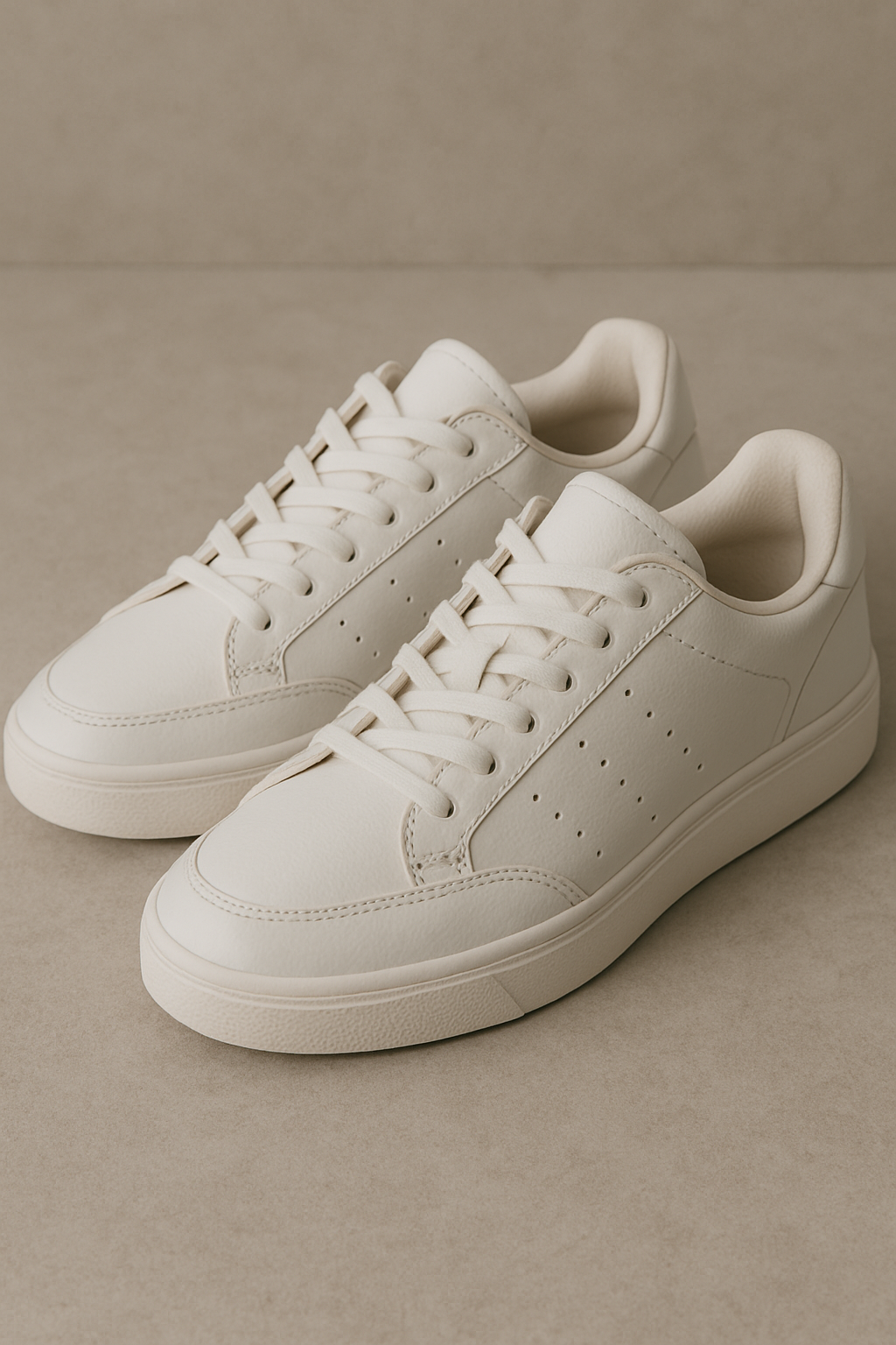Tênis de couro branco com textura suave em fundo bege, destacando formas arredondadas e simetria, sob iluminação suave que cria uma atmosfera minimalista.