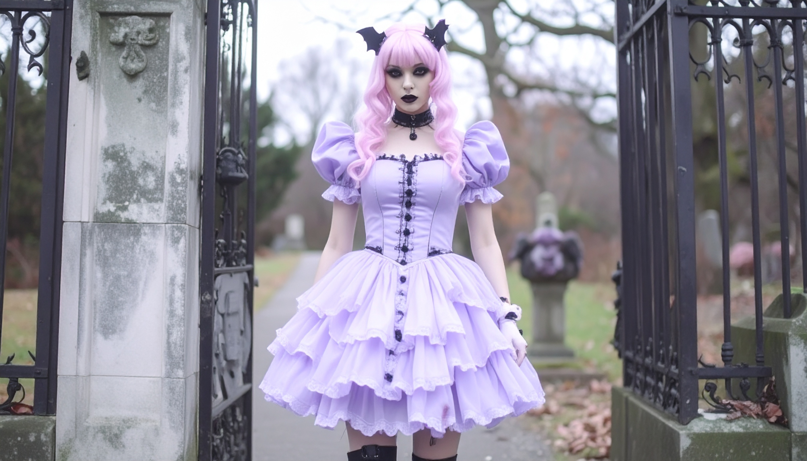 Vestido lilás em estilo gótico com babados volumosos e detalhes elegantes. Ideal para eventos temáticos e festas de cosplay, destacando-se pela cor vibrante e design ousado. A modelo usa uma peruca rosa com acessórios que complementam o visual dramático. Perfeito para ocasiões que pedem criatividade e expressão pessoal. Uma escolha única para quem busca destacar-se no mundo da moda alternativa.