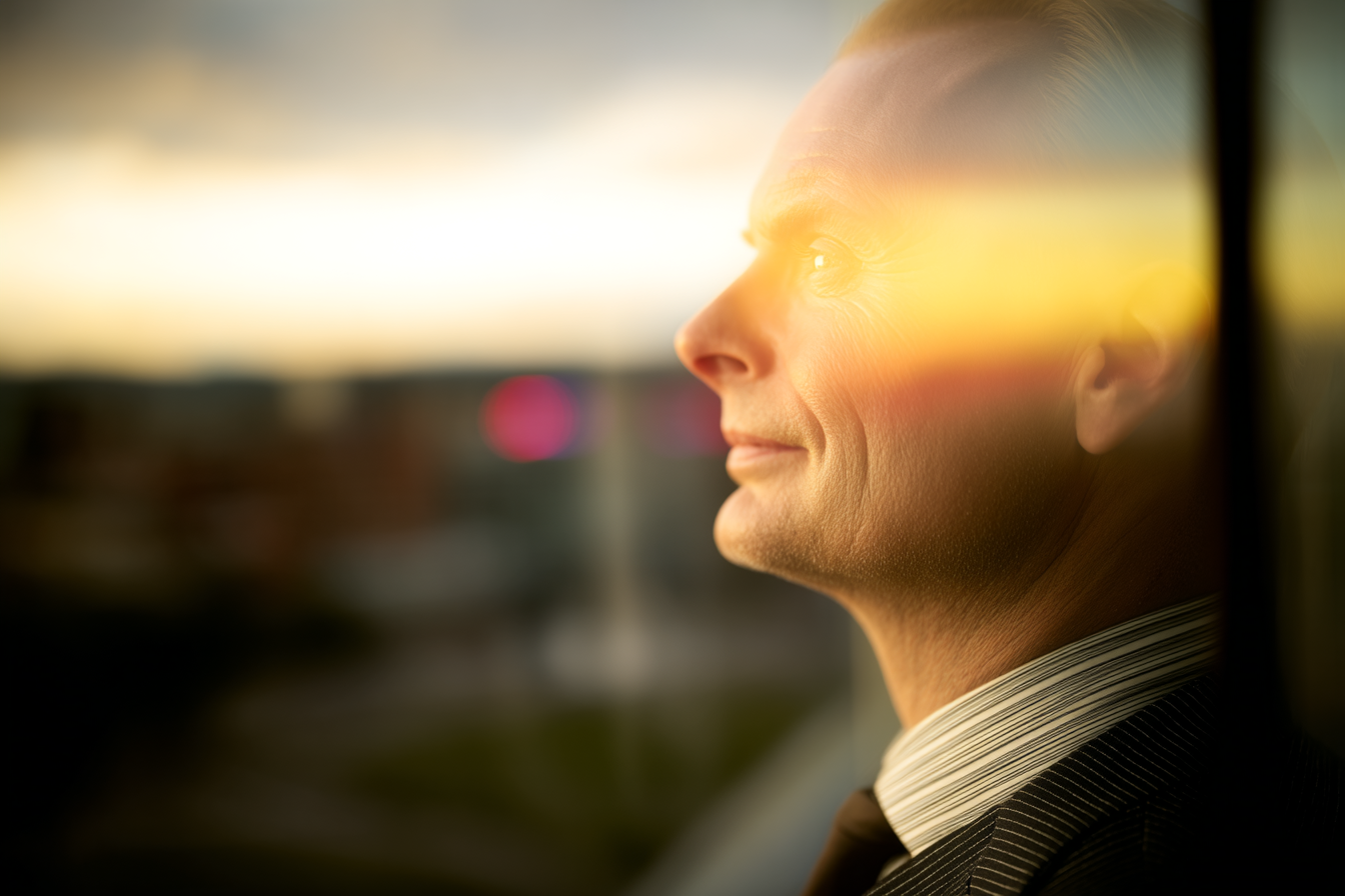 A imagem apresenta um homem em perfil, com um semblante contemplativo, refletindo luz suave do pôr do sol. A paleta de cores inclui tons quentes de amarelo e laranja na parte superior, contrastando com tons mais frios no fundo desfocado. A composição é centrada no rosto, com o homem olhando para fora de uma janela, criando uma sensação de profundidade e introspecção.