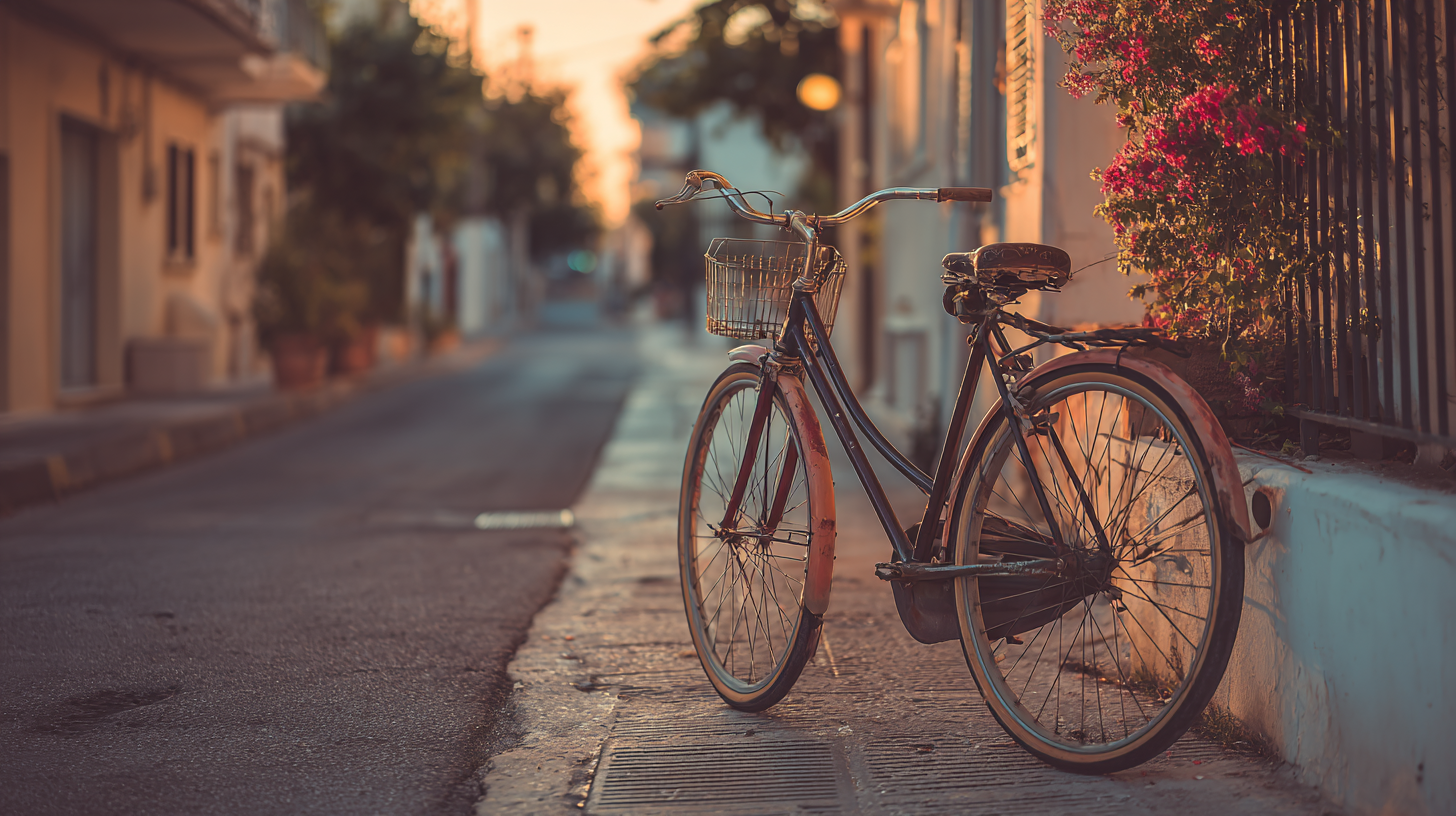 A imagem apresenta uma bicicleta antiga repousando sobre uma calçada em uma rua tranquila. O cenário é iluminado por uma luz suave, sugerindo um entardecer, com sombras longas e um ambiente sereno. A bicicleta é predominantemente preta com detalhes em metal, e um cesto na frente. Ao fundo, há uma vegetação florida, com flores rosa, contrastando com as paredes claras das edificações ao redor.