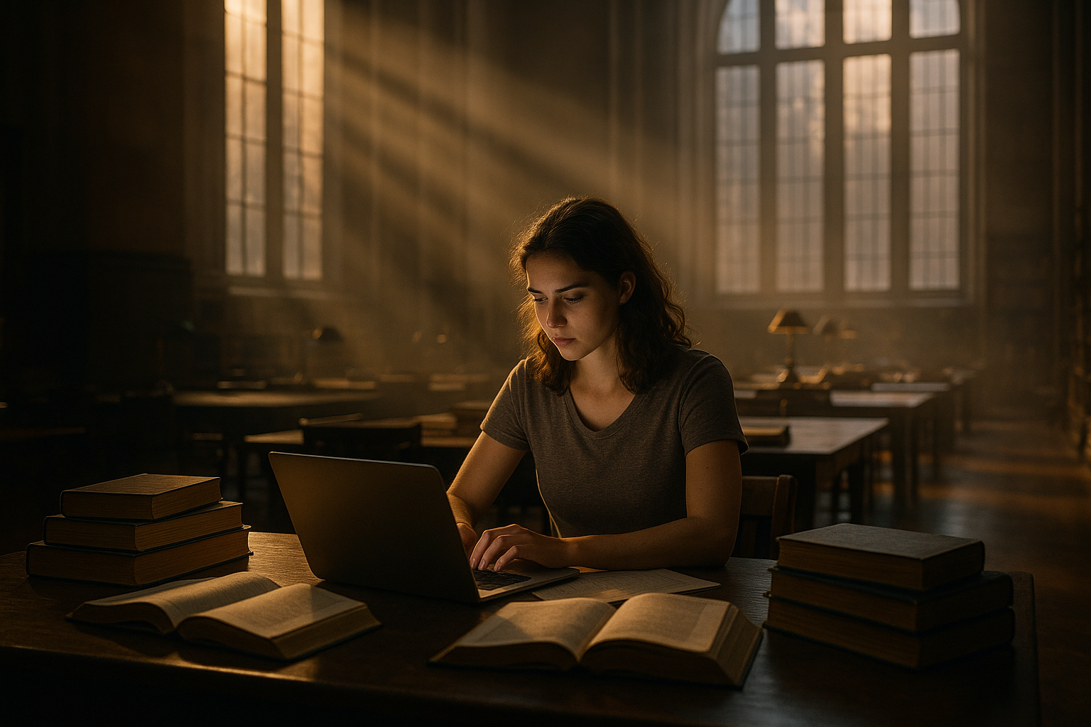 Uma jovem estudante concentrada em seu laptop em uma biblioteca iluminada por raios de sol, cercada por livros empilhados em uma mesa de madeira. O ambiente é tranquilo e inspirador, ideal para leitura e estudo.