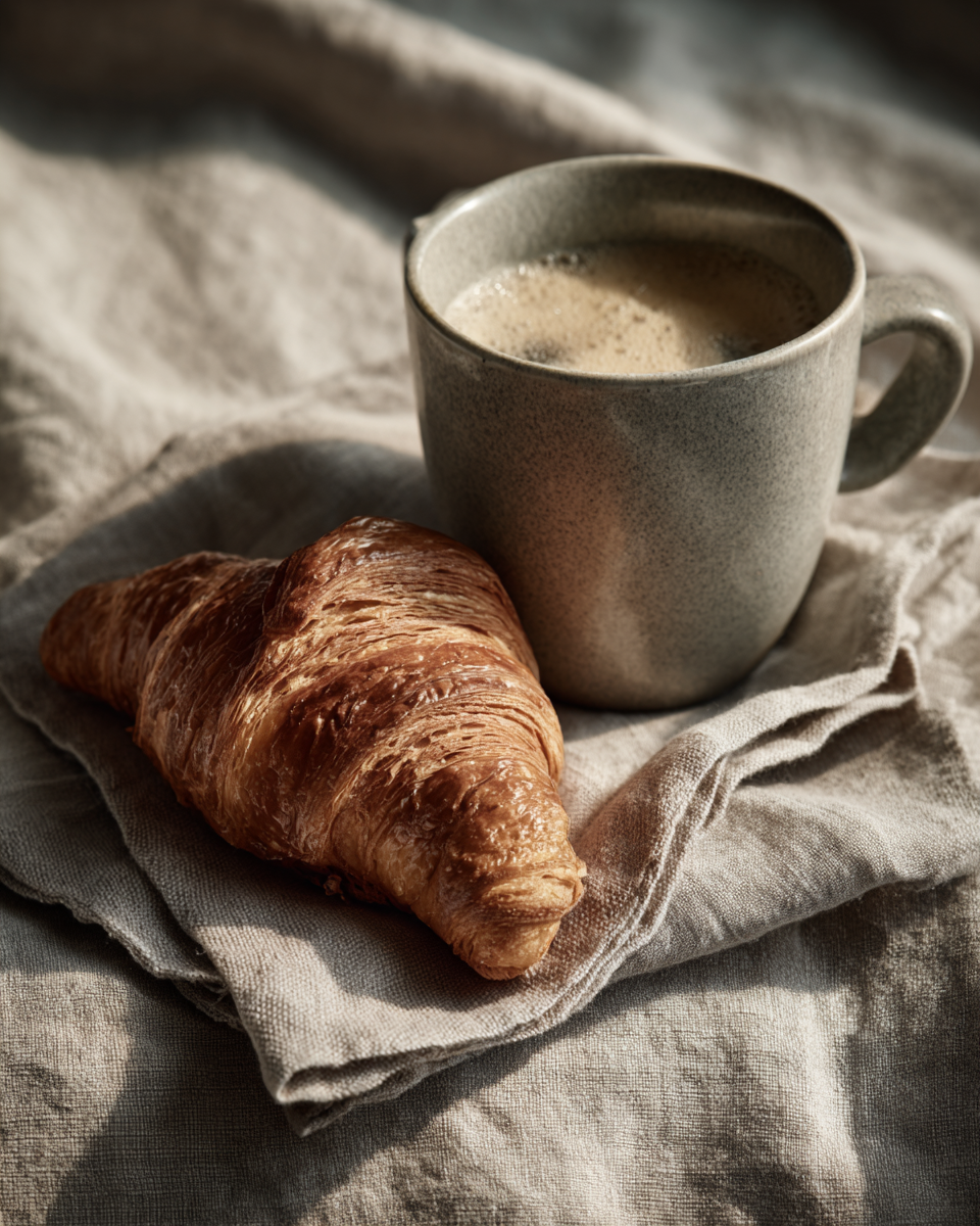 Delicious golden croissant served with a steaming cup of coffee on a textured linen tablecloth, creating a cozy breakfast setting.