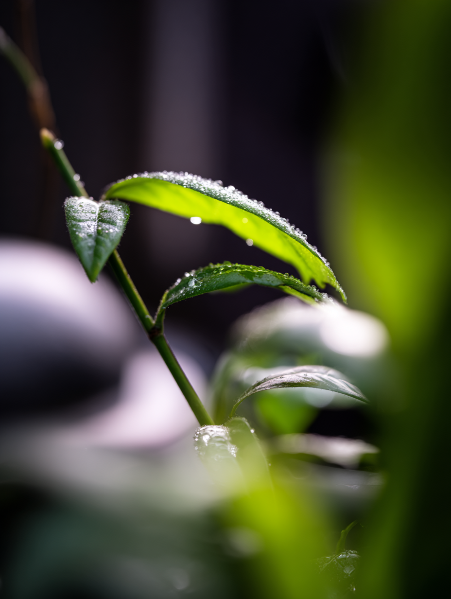 Folhas verdes brilhantes com gotas de orvalho em close-up, destacando o frescor e a vitalidade da natureza. Iluminação suave e difusa, fundo desfocado criando uma profundidade de campo artística. A composição vertical e o foco seletivo acentuam a textura e o brilho das gotas nas folhas, transmitindo uma sensação de tranquilidade e pureza.
