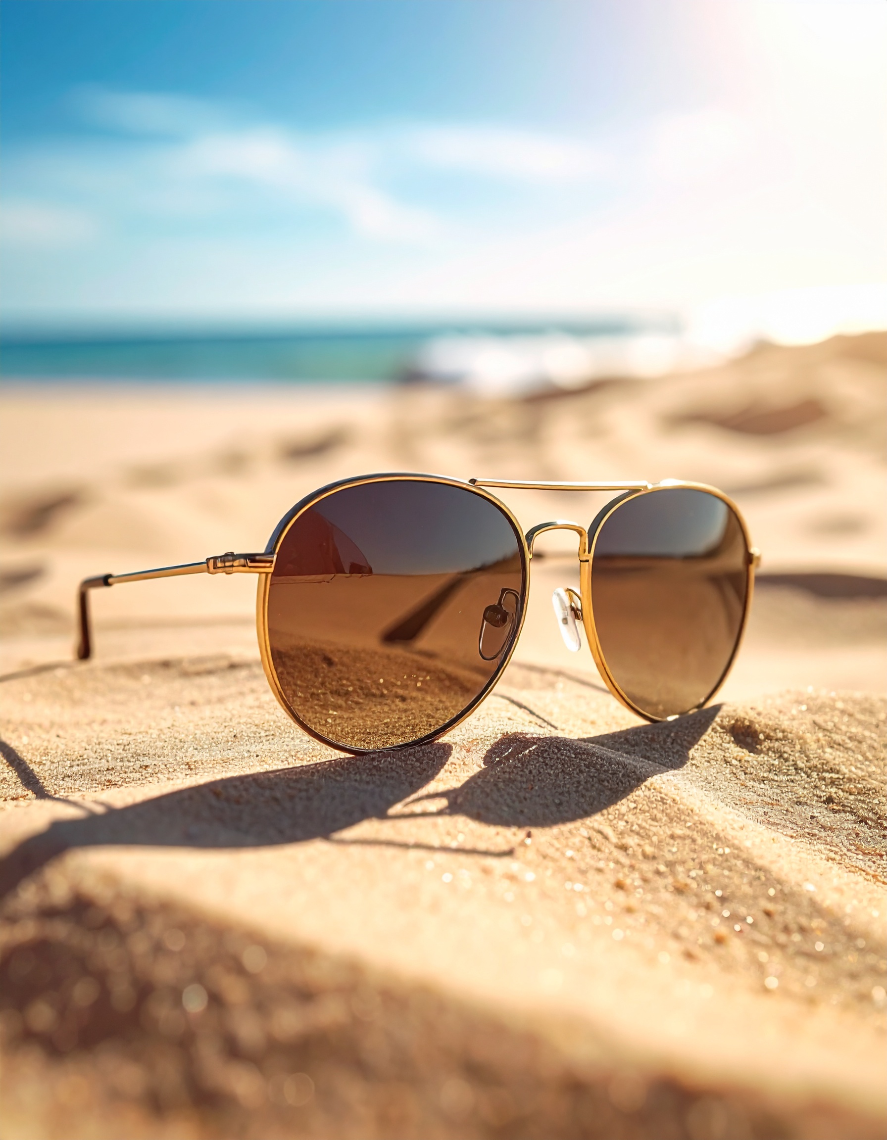 Golden Sunglasses on Beach Sand Under Bright Sunlight