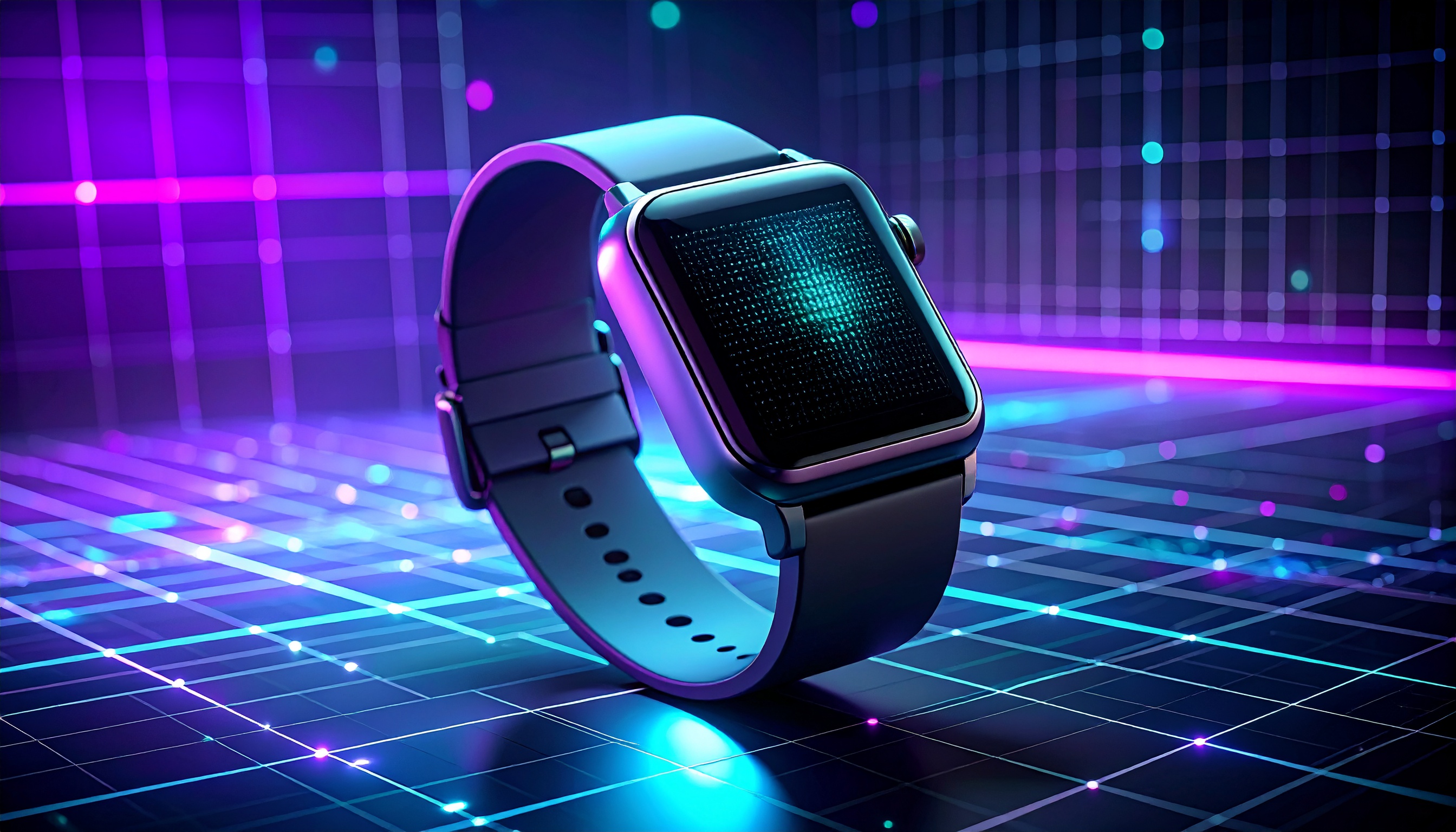 Relógio inteligente com display luminoso em ambiente futurista de neons. Ideal para quem busca tecnologia avançada e estilo. O design moderno é destacado por cores neon vibrantes sobre um fundo geométrico. Perfeito para uso em eventos tecnológicos ou ocasiões casuais sofisticadas. Combina inovação com moda, elevando o uso diário a outro patamar.