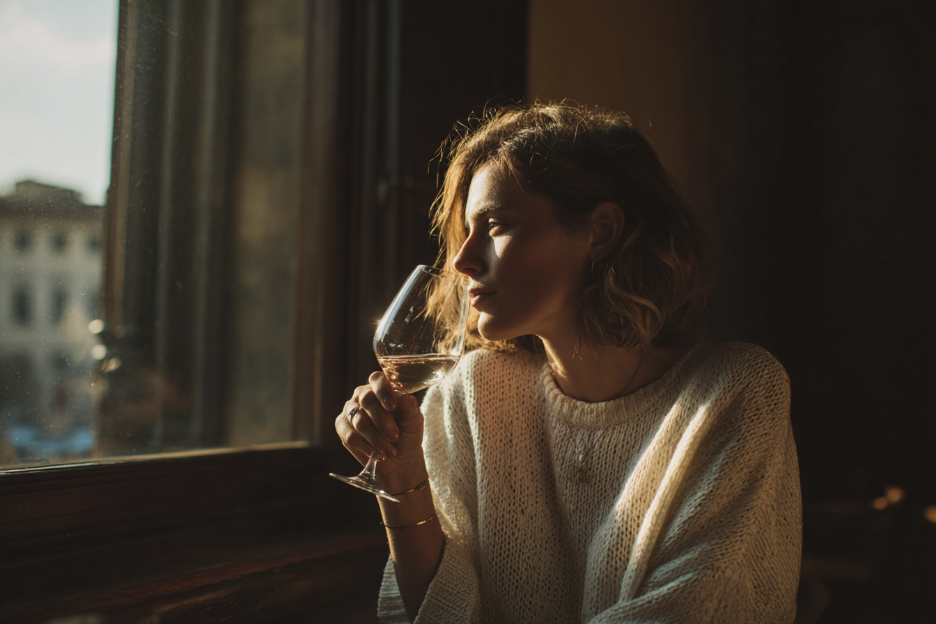 A imagem apresenta uma mulher em um ambiente iluminado suavemente, segurando um copo de vinho. A luz natural entra pela janela, criando um contraste entre as áreas iluminadas e sombreadas. A mulher é retratada em perfil, permitindo uma visão clara de suas feições e da textura de seu cabelo. O suéter dela é de um tom claro e possui uma textura tricotada que contrasta com as superfícies mais lisas do vidro e da madeira ao redor.