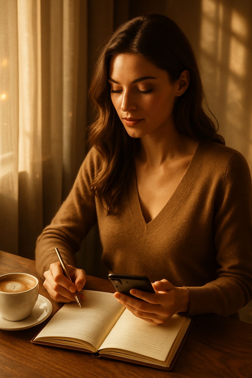 Mulher escrevendo em caderno enquanto segura um smartphone, em um ambiente acolhedor. Ideal para momentos de reflexão e organização de ideias, combinando tecnologia e escrita tradicional. A iluminação suave cria um ambiente sereno, destacando a xícara de café ao lado. Perfeito para uso em campanhas de produtividade ou bem-estar. A cena exala uma sensação de calma e foco, ideal para ambientes de trabalho ou estudo.