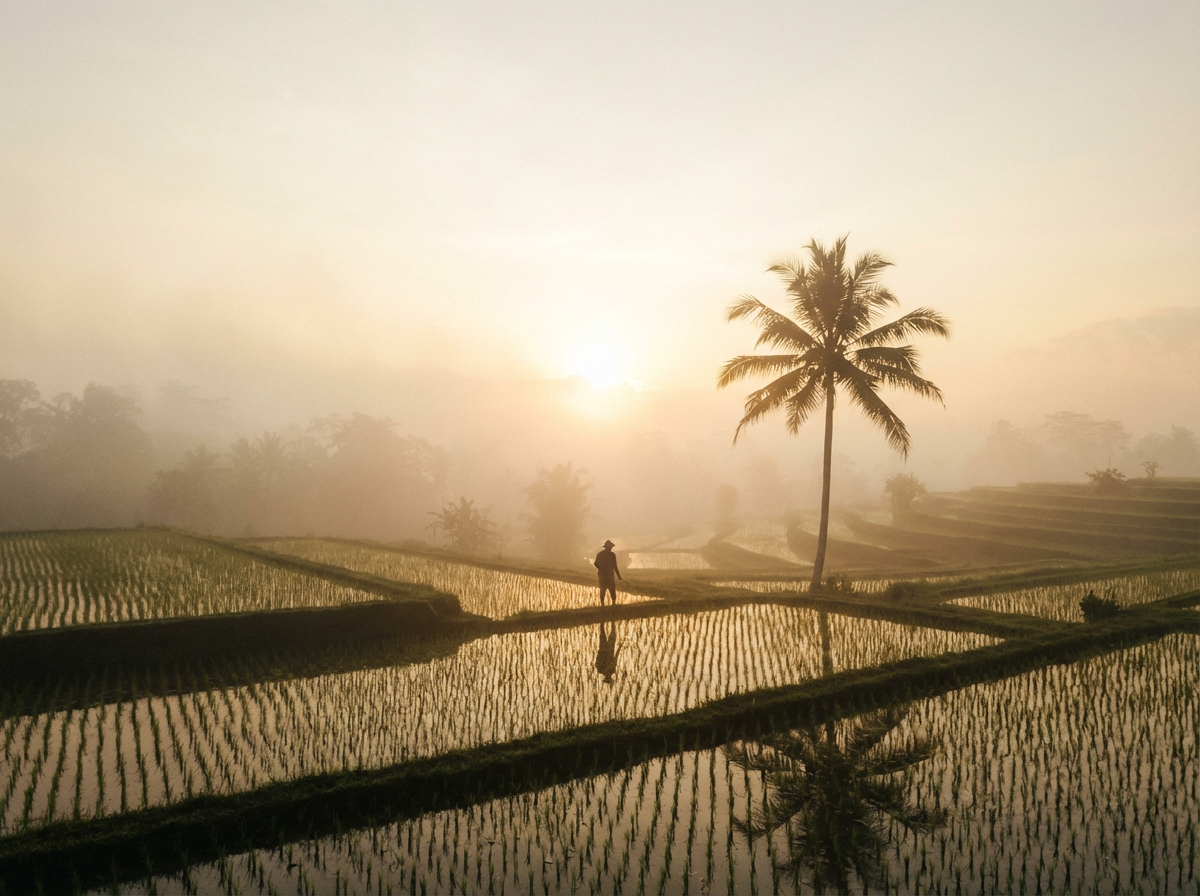 A serene sunrise over expansive rice terraces with a lone palm tree