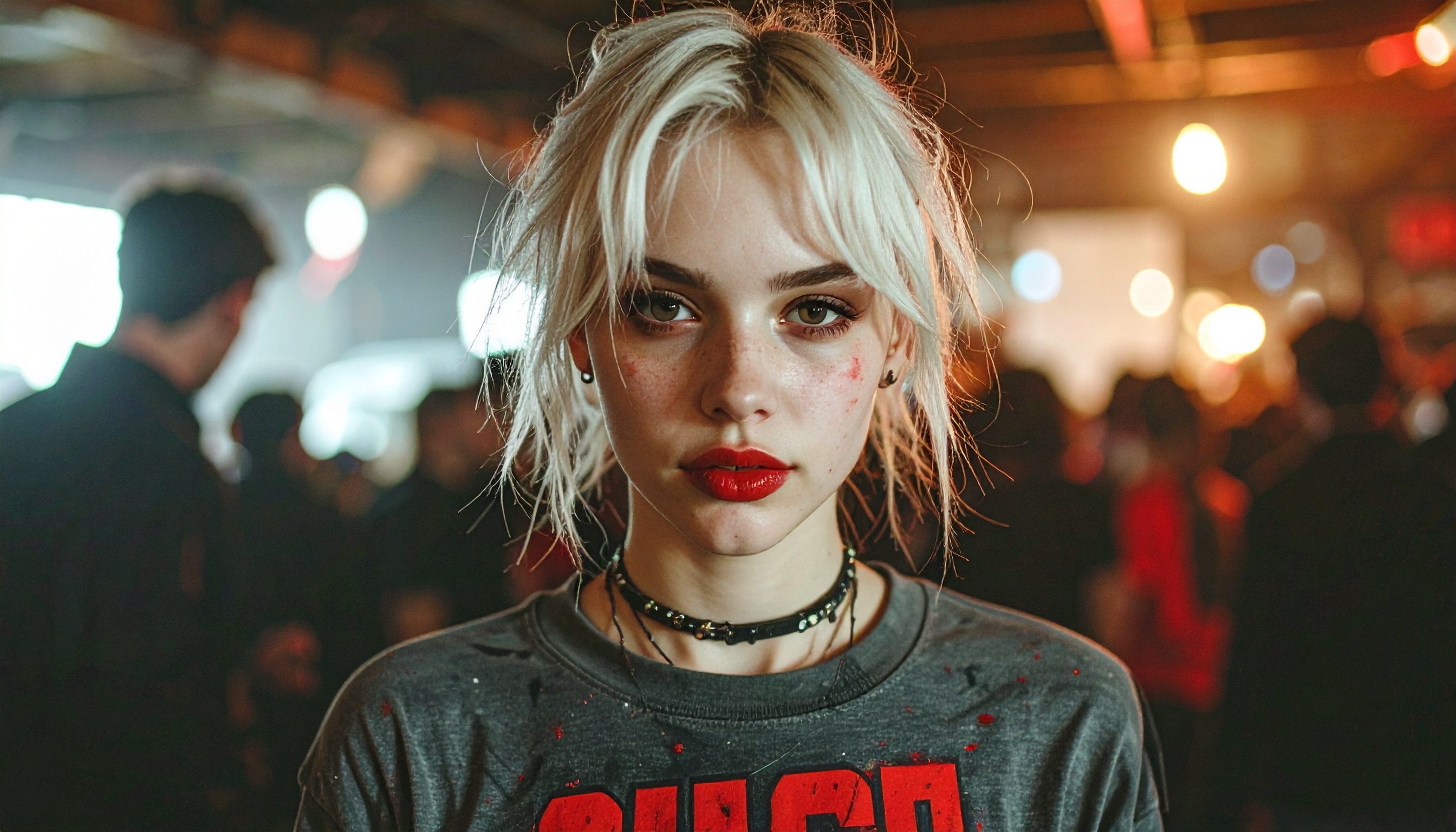 A young woman with striking platinum blonde hair stands in a bustling urban setting, her